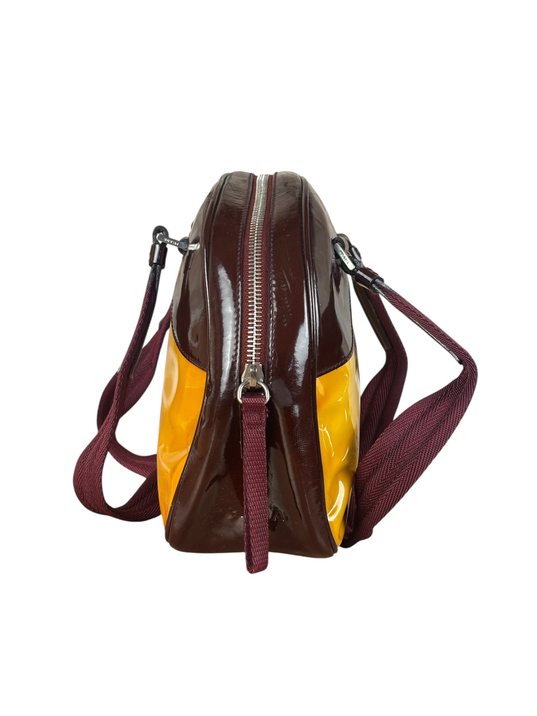 Prada Vintage Yellow/Burgundy Patent Leather Bowler Shoulder Bag