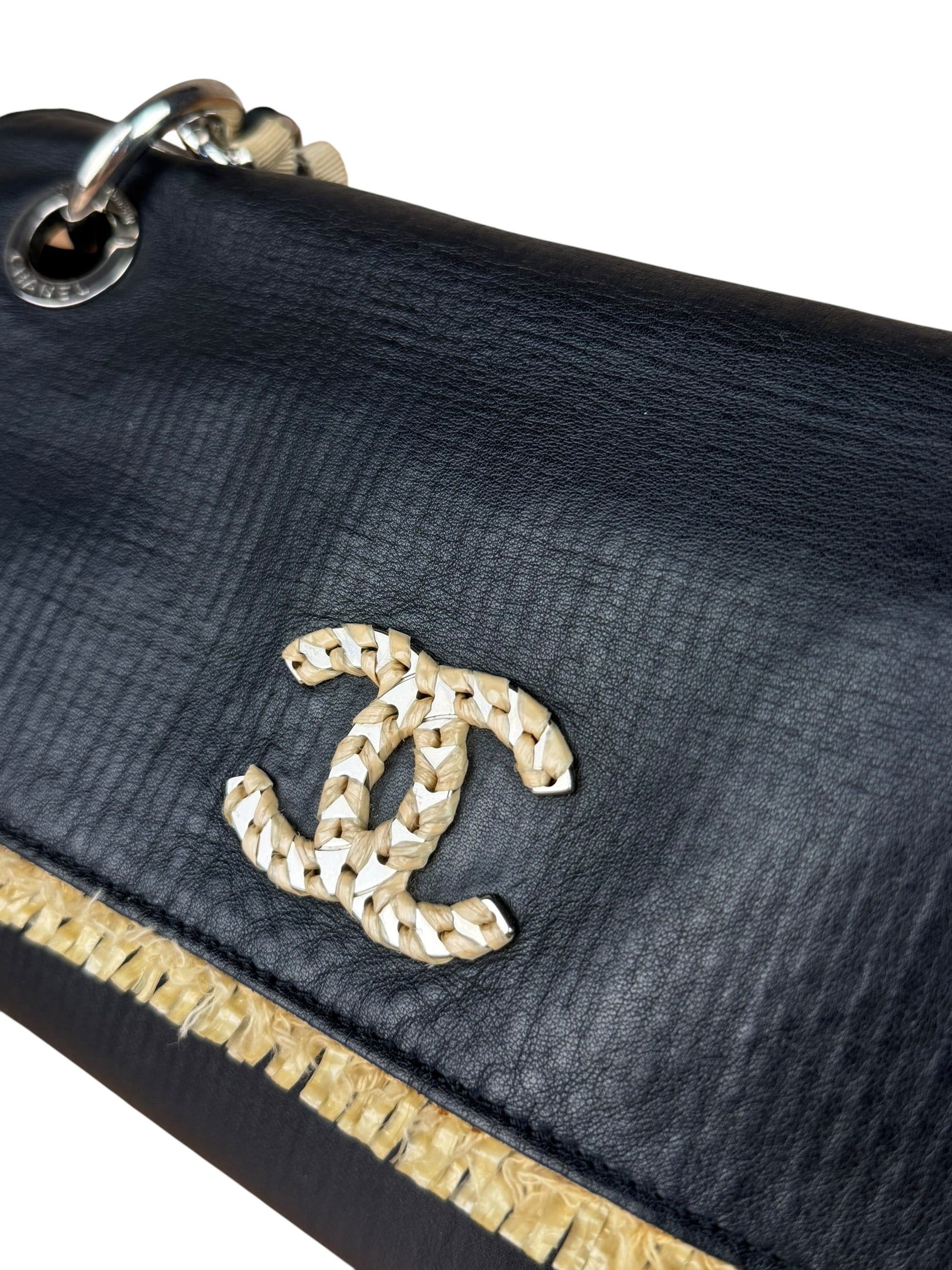 Chanel Black Leather Raffia Fringe CC Flap Shoulder Bag 2009