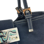 Fendi Vintage Navy Blue Leather Trim Mamma Baguette