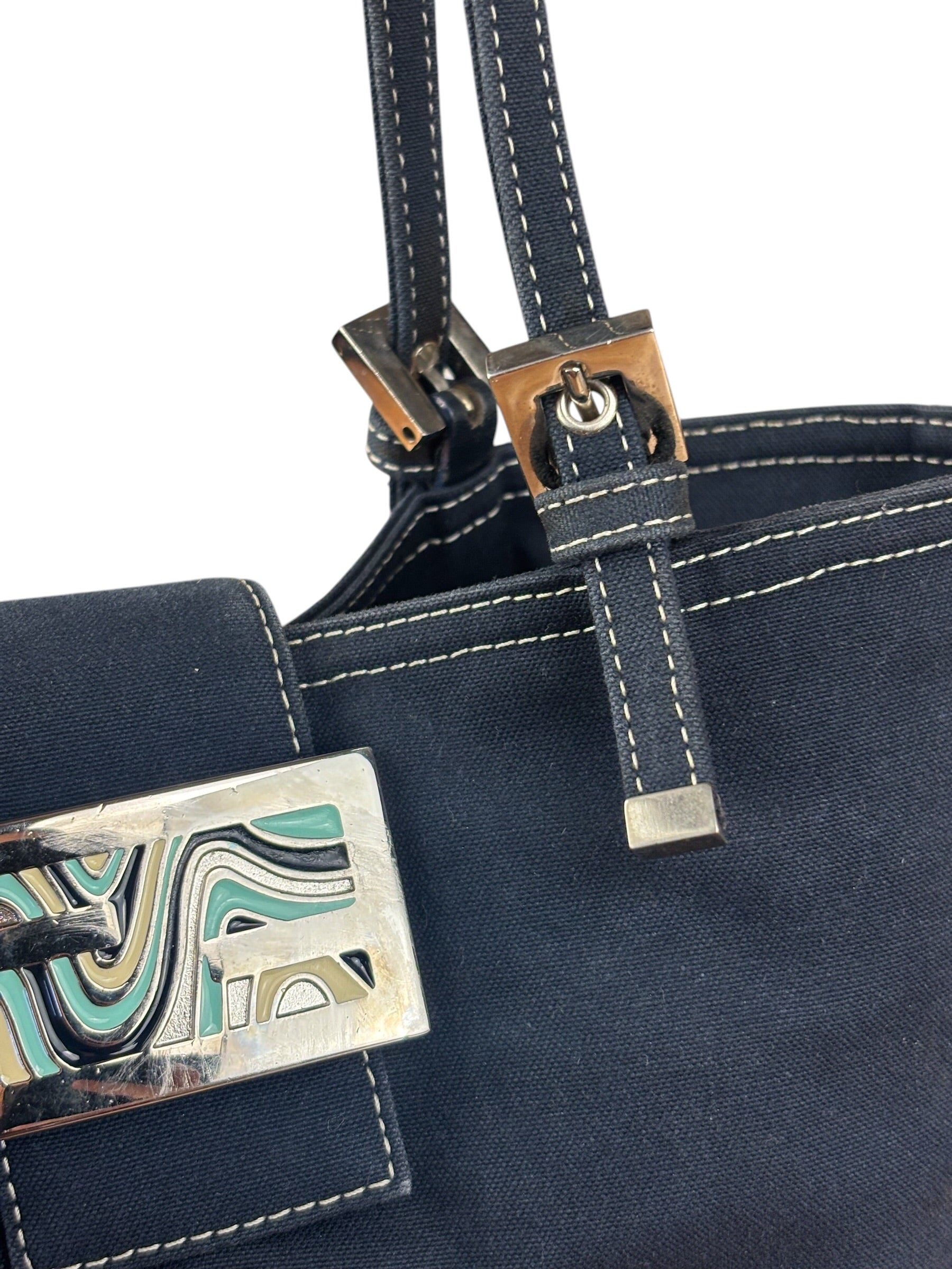 Fendi Vintage Navy Blue Leather Trim Mamma Baguette