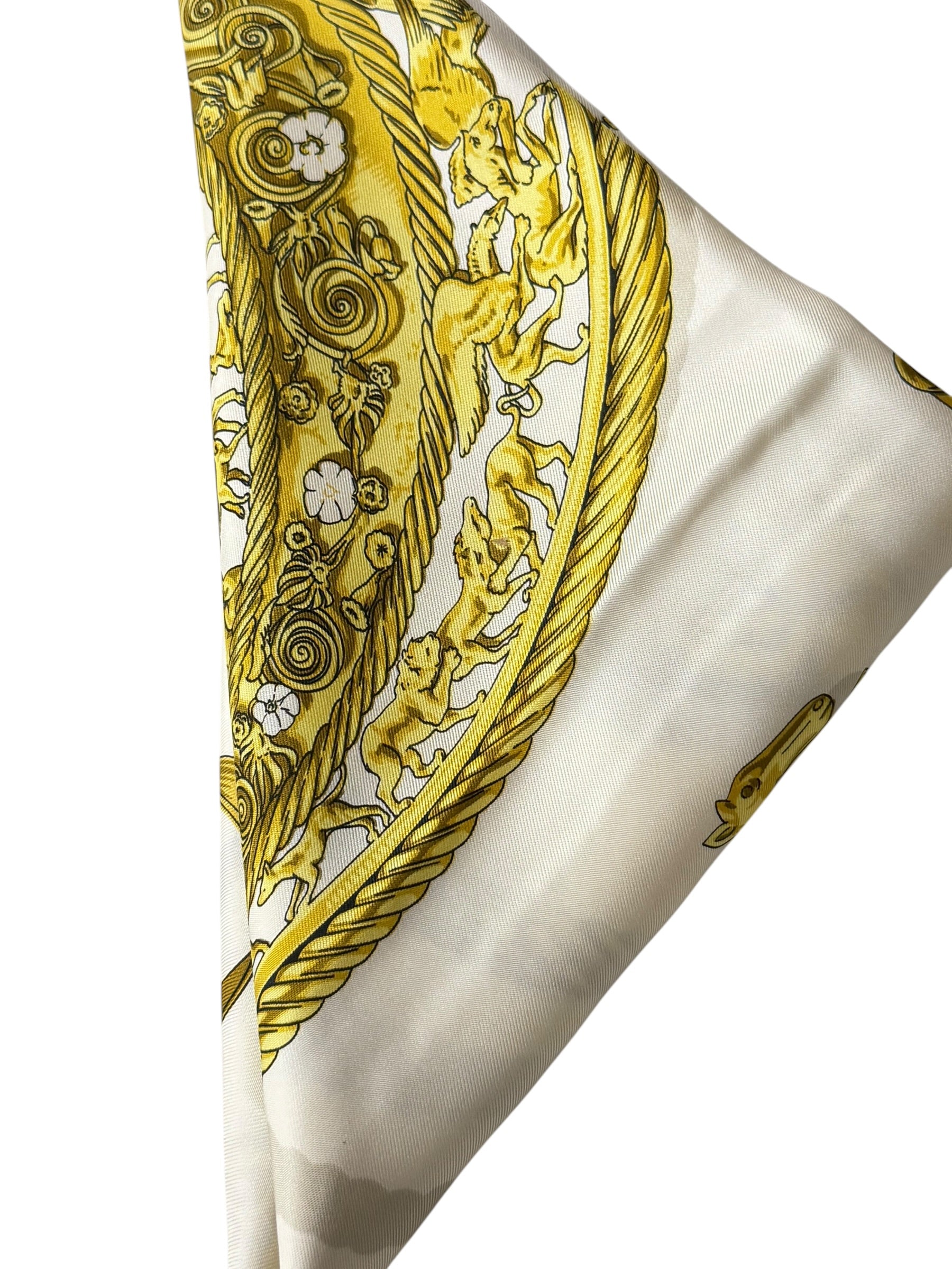 Hermes Ivory Gold Emblem Print Silk Scarf