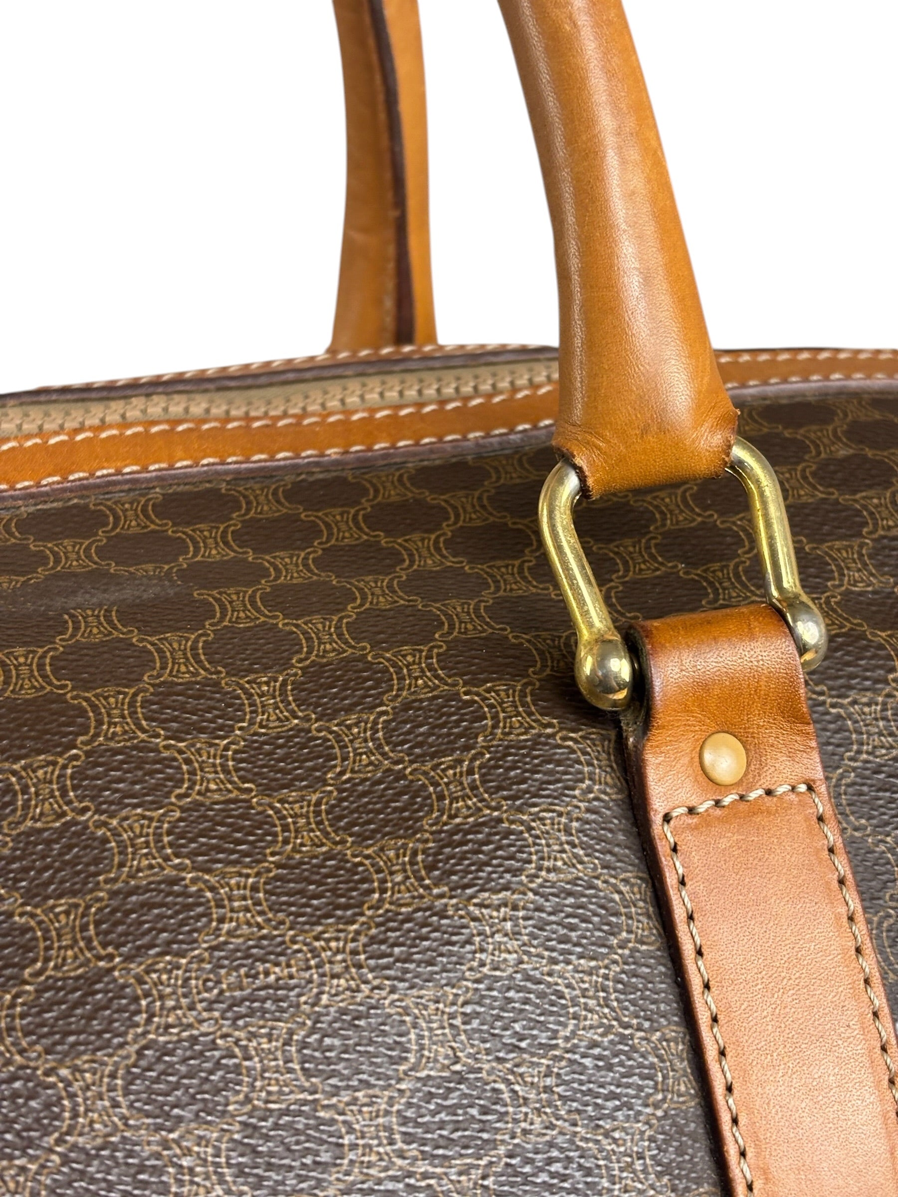 Celine Brown Leather Canvas Macadam Travel Handbag