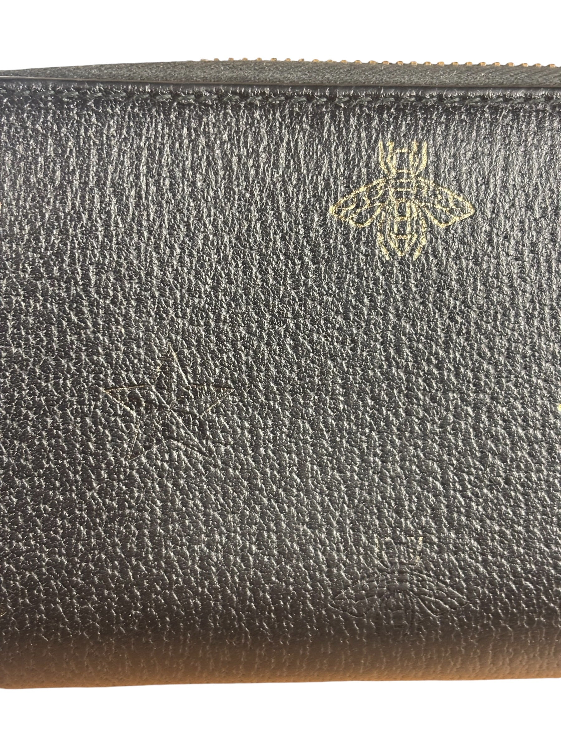 Gucci Black Leather Bee Long Zip Wallet