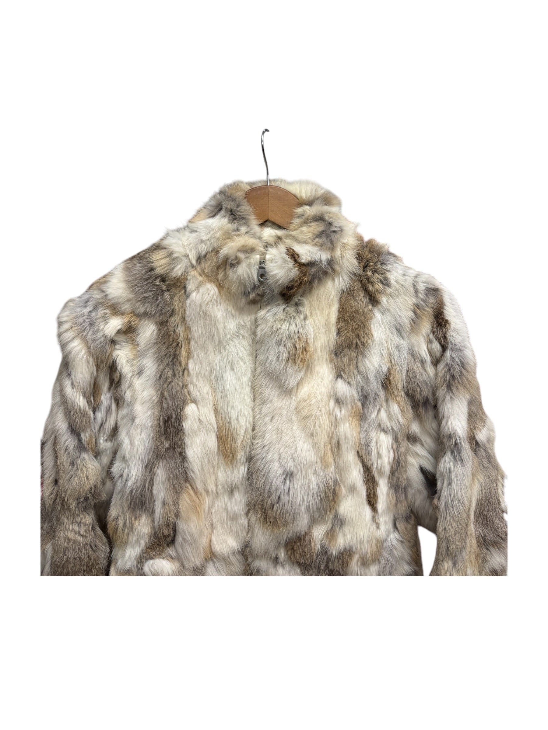 Diva Brown/White Zip-Up Rabbit Fur Jacket