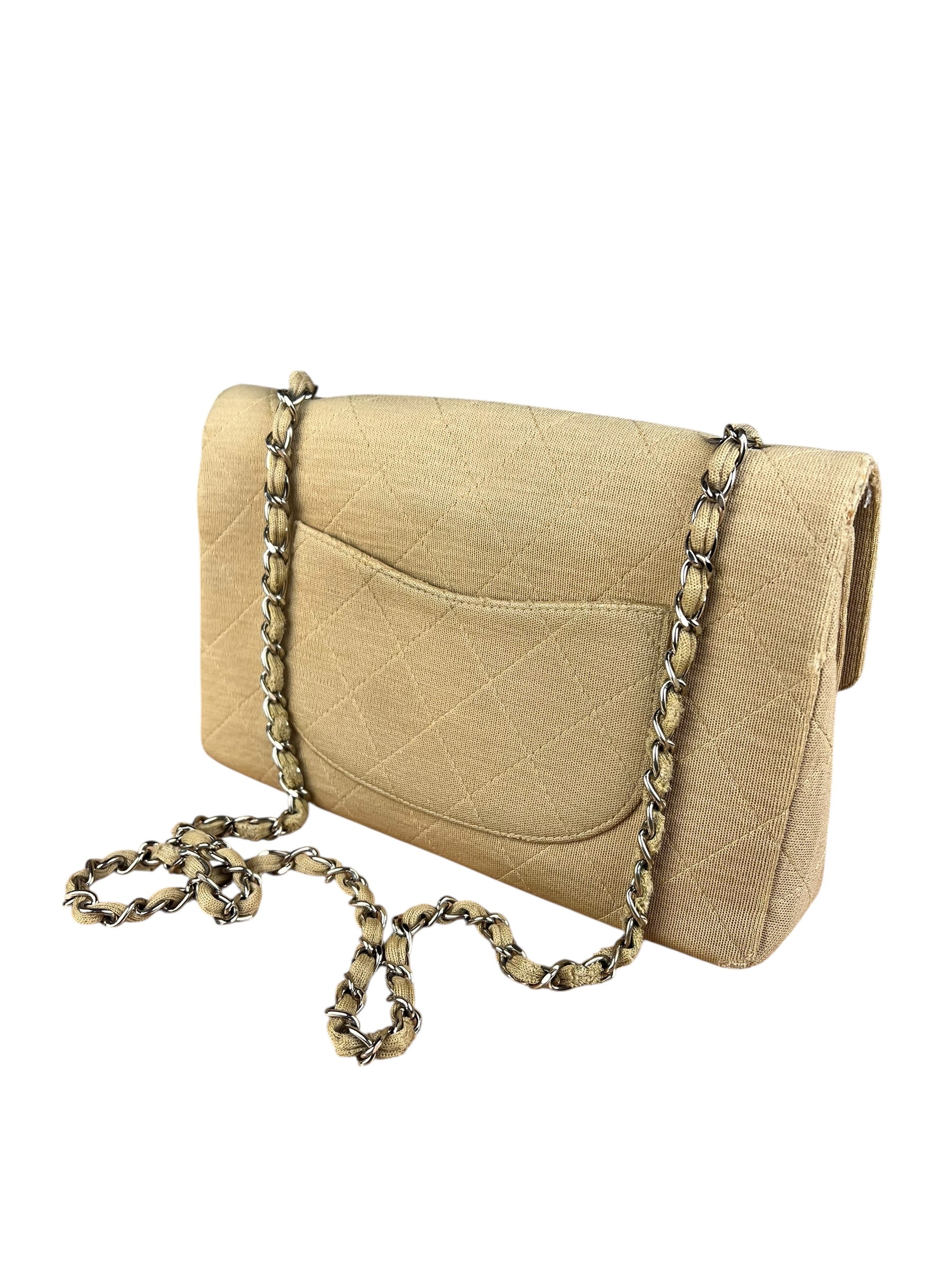 Chanel Vintage Beige Jersey Quilted Classic Flap Bag