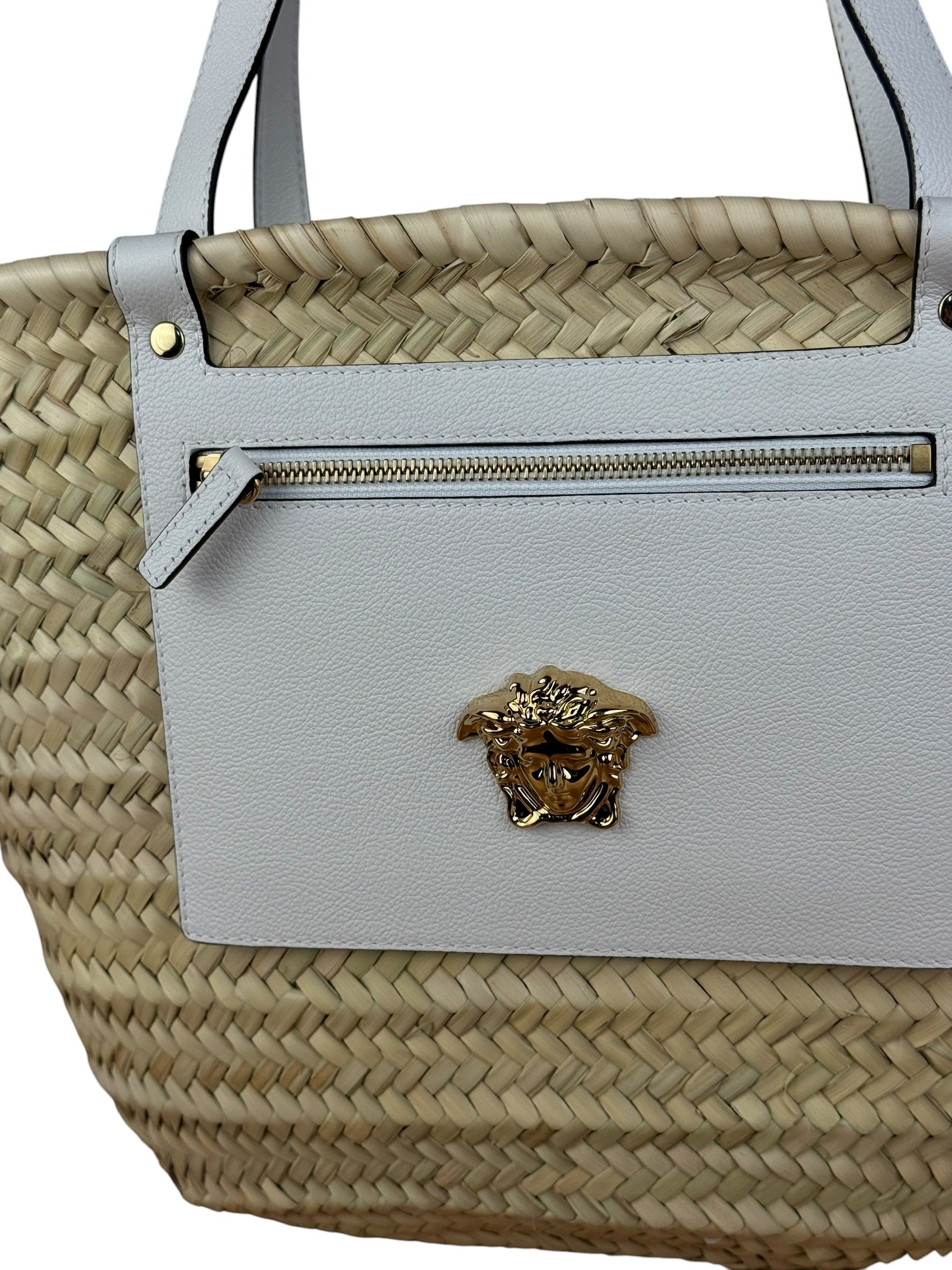 Versace Wicker Woven White Medusa Top Handle Tote