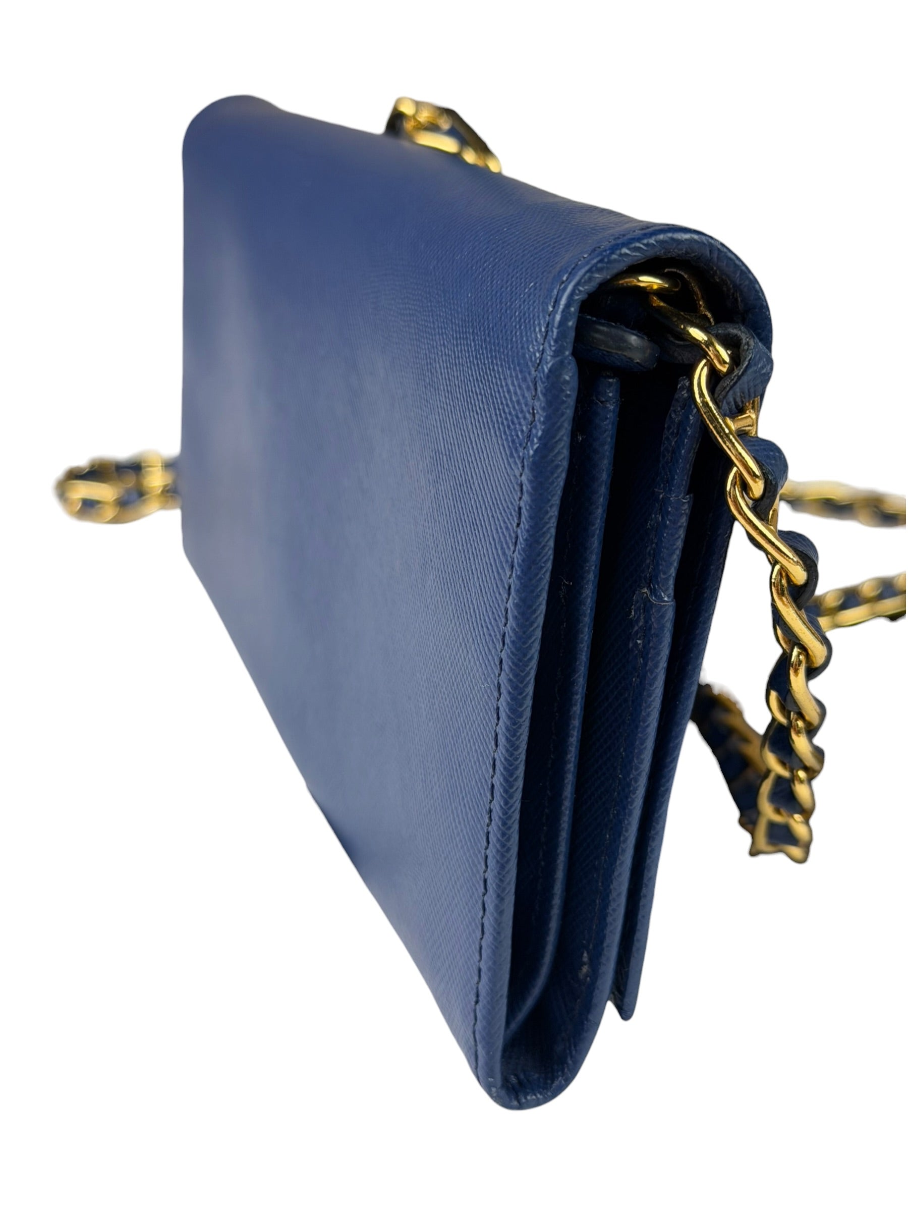 Prada Blue Saffiano Leather Fire Flap Wallet On Chain