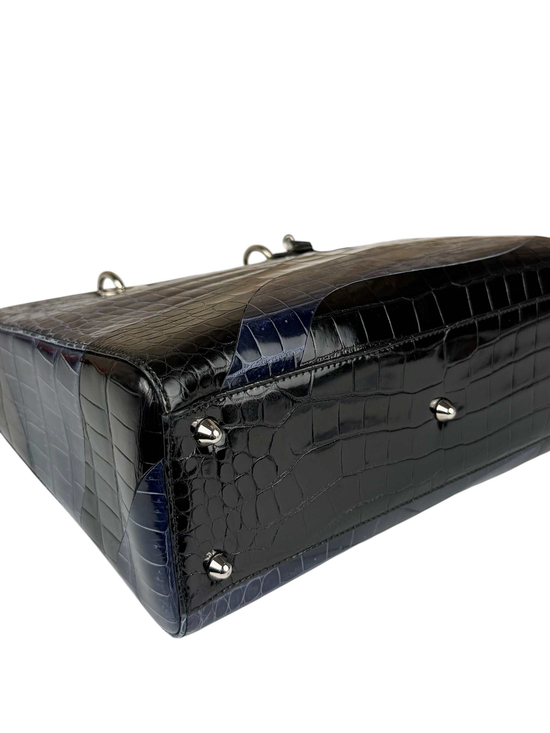 Christian Dior Rare Black/Navy Croc Embossed Lady Dior Handbag