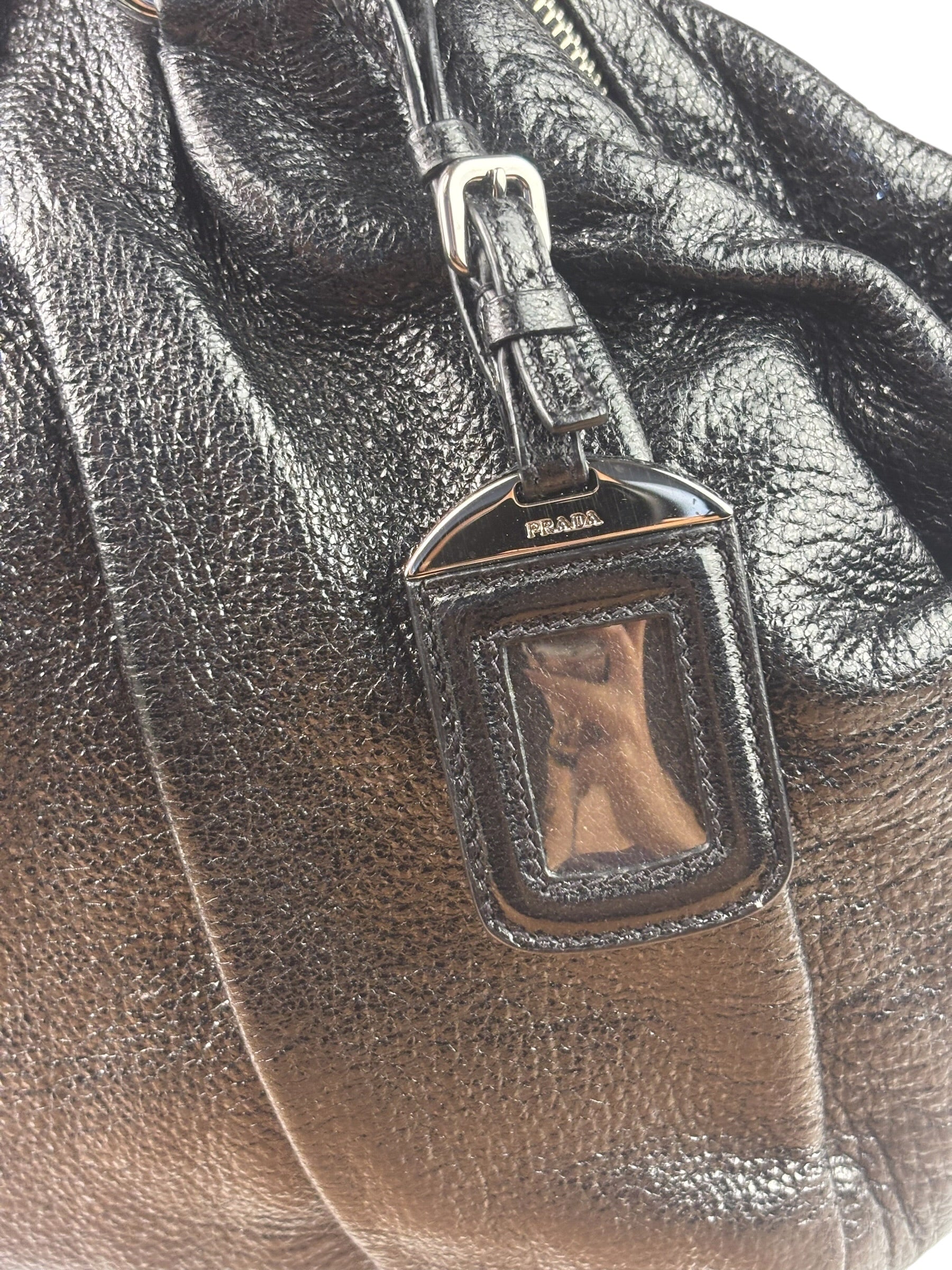 Prada Shiny Black Cervo Pleated Shoulder Bag