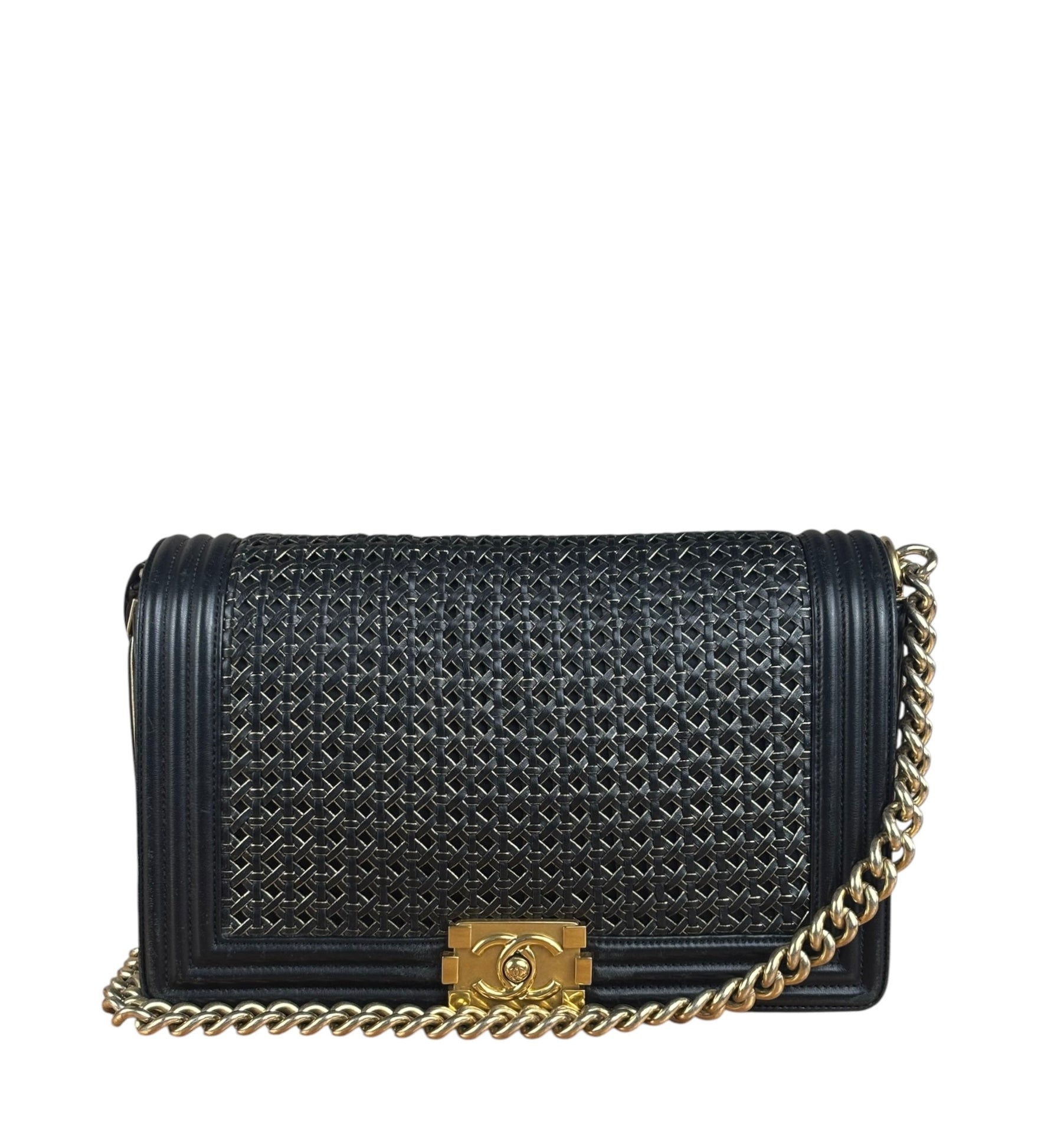 Chanel Black Leather Braided Boy Flap Shoulder Bag 2014