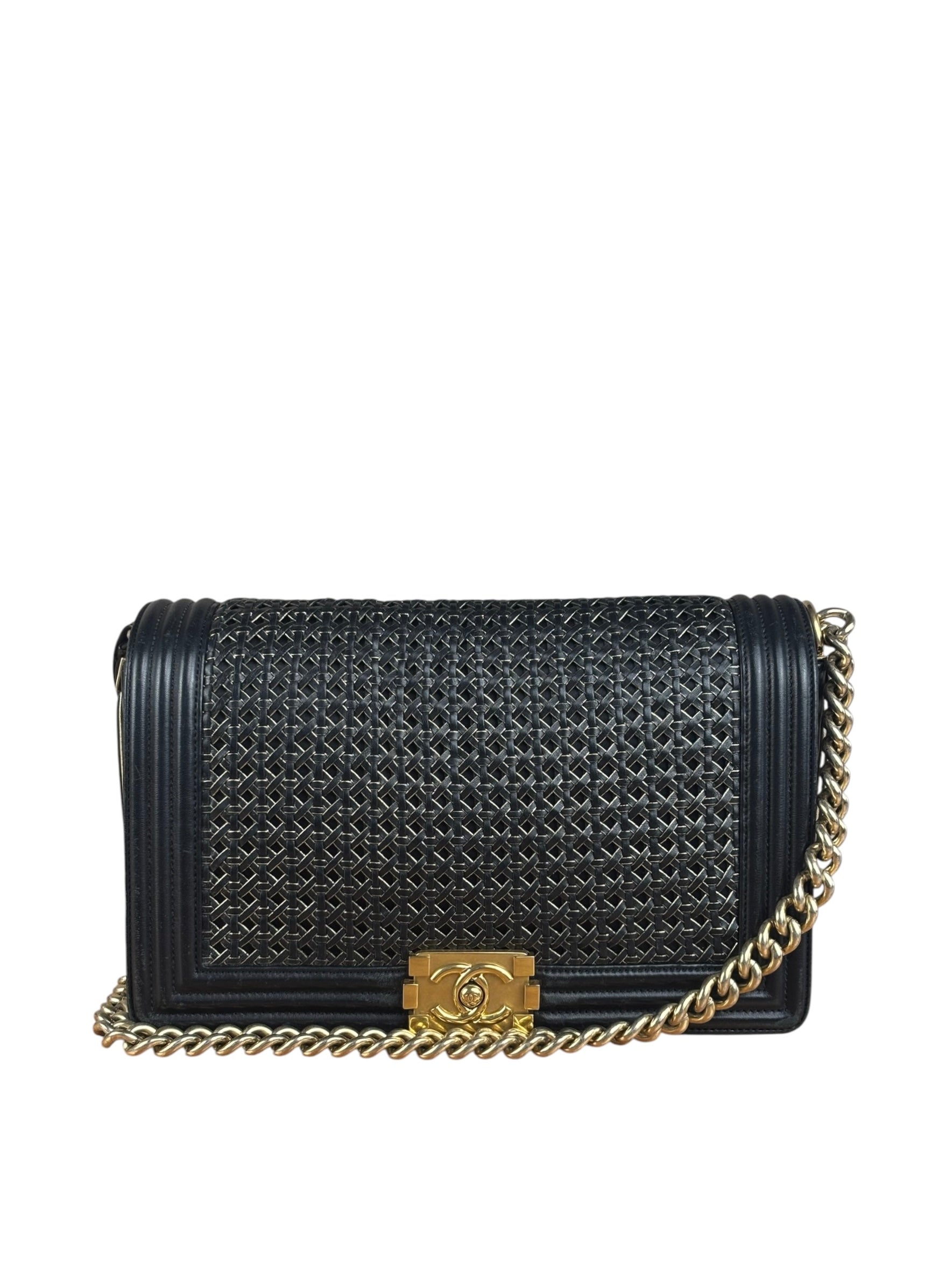 Chanel Black Leather Braided Boy Flap Shoulder Bag 2014