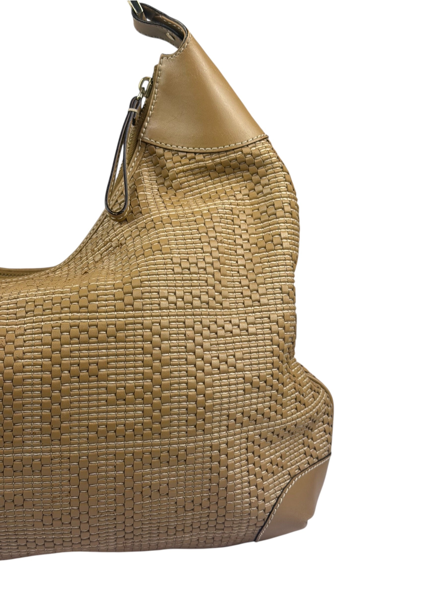 Fendi Beige Leather Trim Woven Hobo Bag