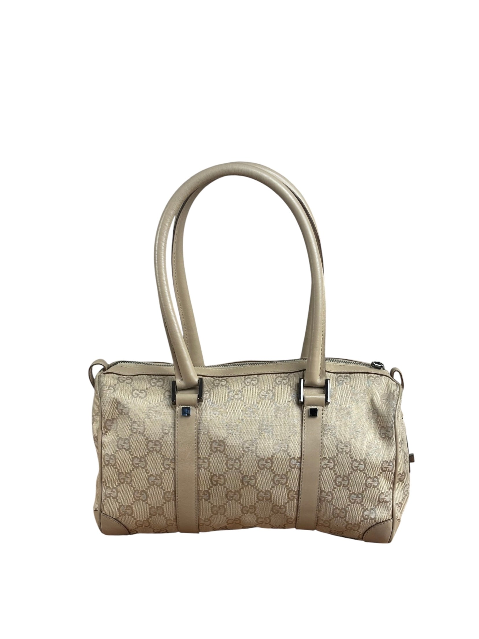 Gucci GG Beige Leather Trim Guccissima Small Boston Bag