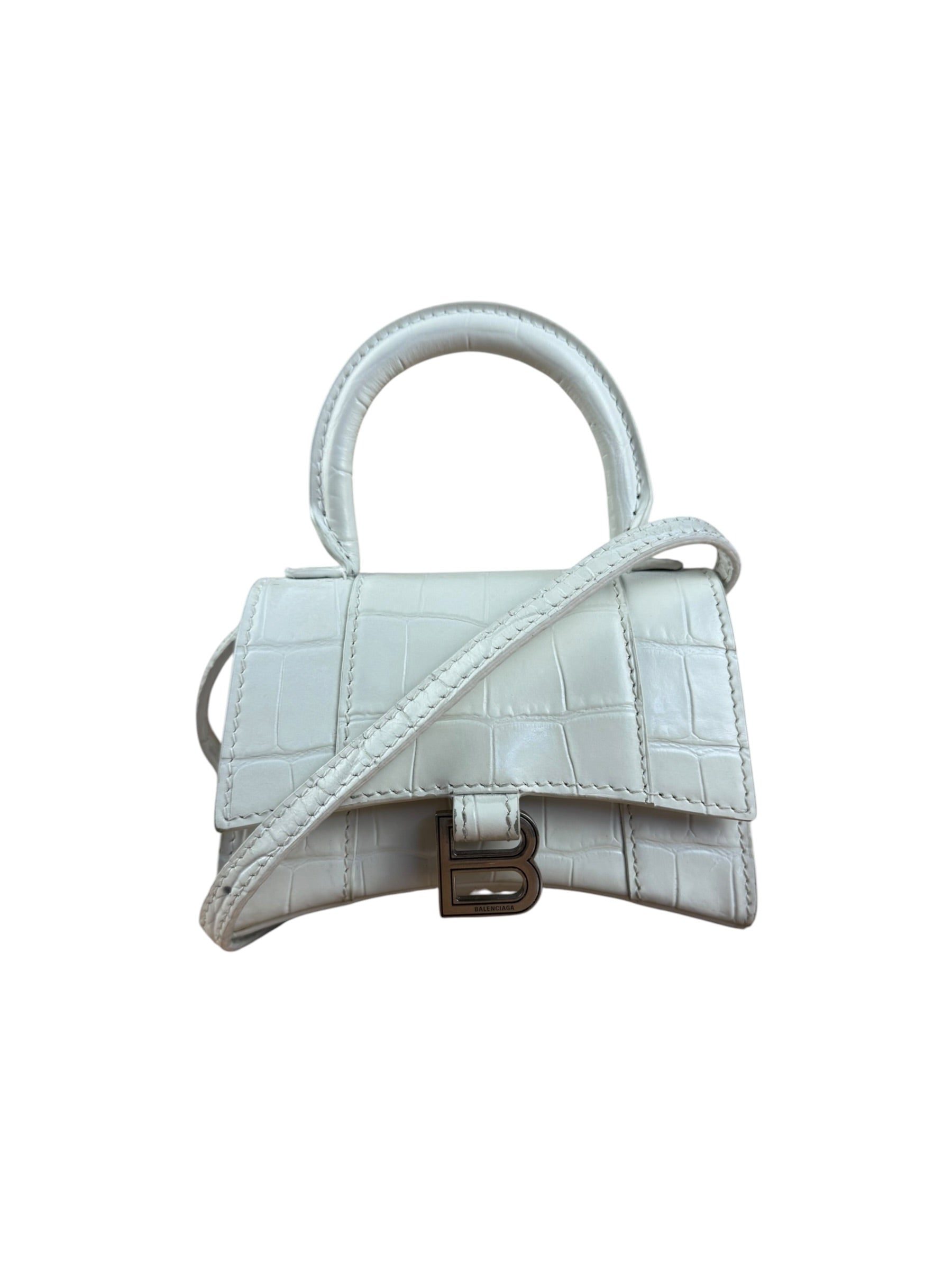 Balenciaga White Croc Embossed Nano Hourglass Bag