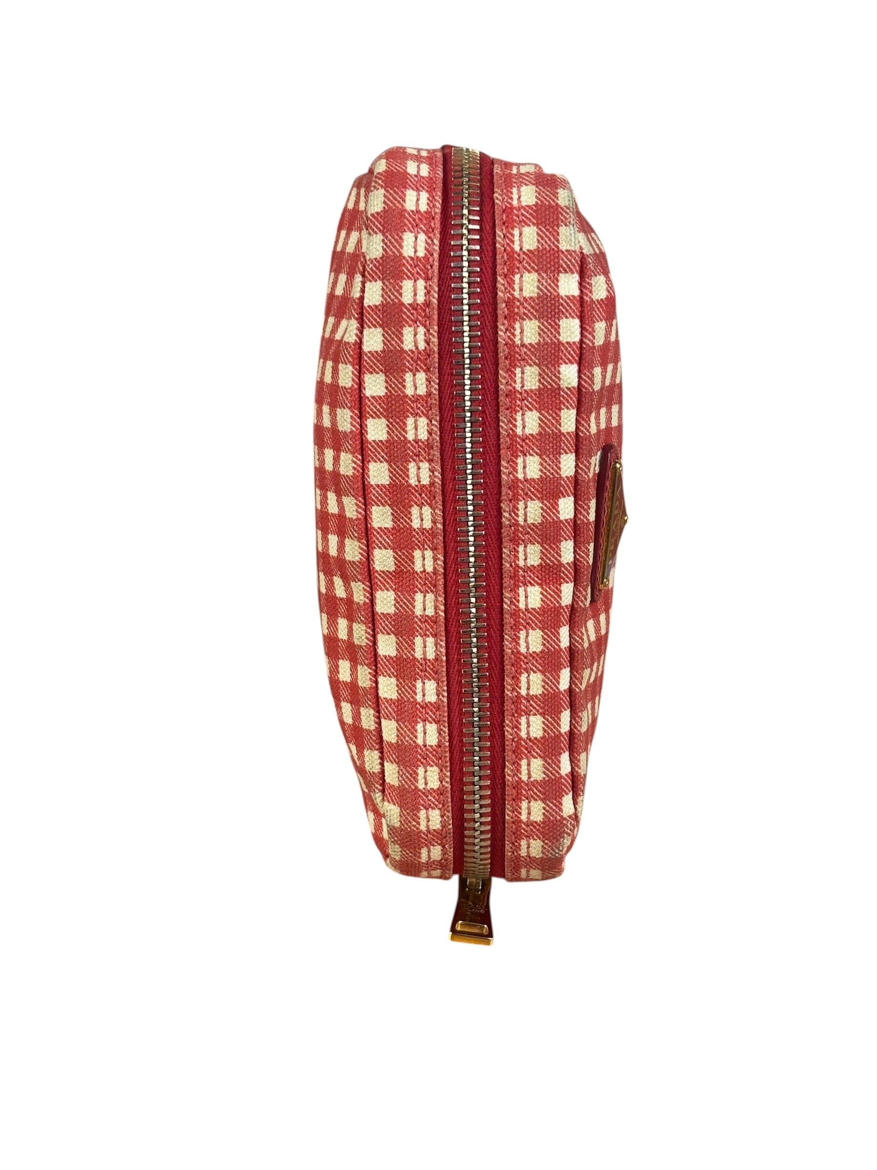 Prada Red Gingham Check Canvas Makeup Bag