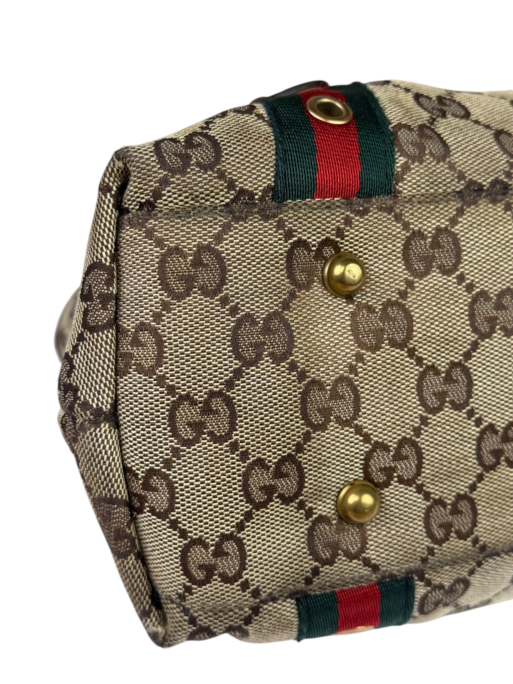 Gucci Vintage Brown Leather Trim Grommet Web Shoulder Bag