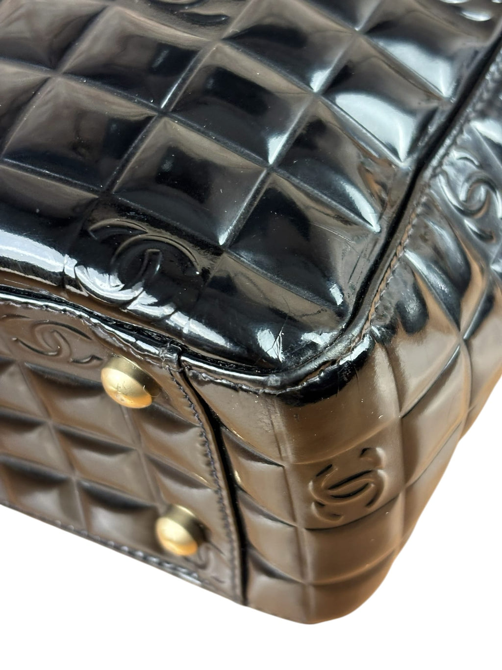 Chanel Black Patent Leather Chocolate Bar Tote Early 2000's