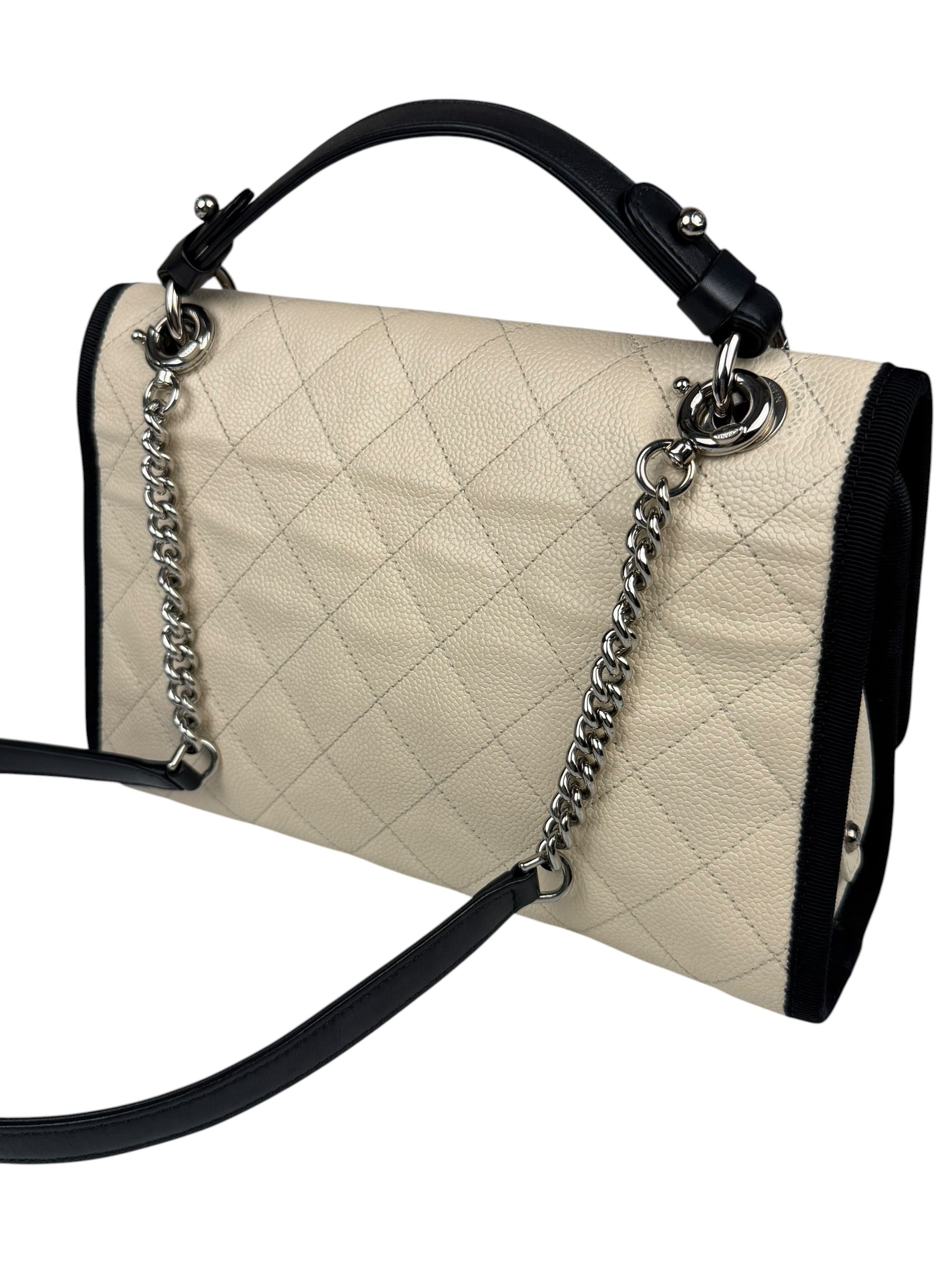 Chanel White Caviar Quilted Top Handle Flap Bag 2018