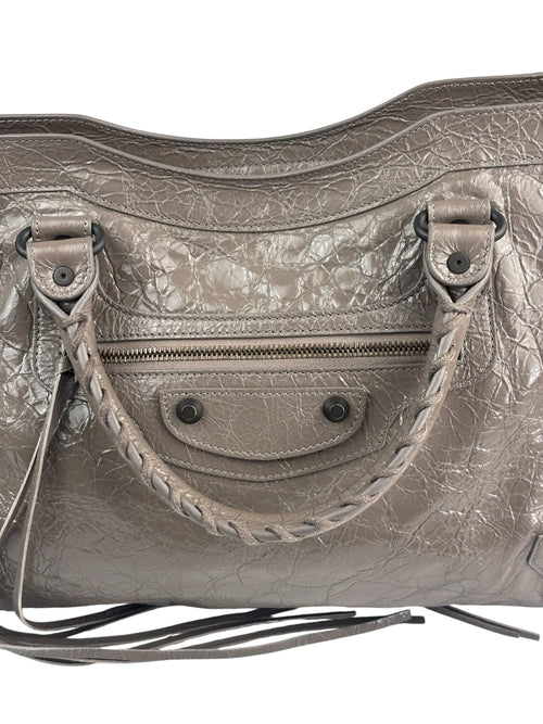 Balenciaga Stone Grey Patent Leather Moto Work Two-Way Bag