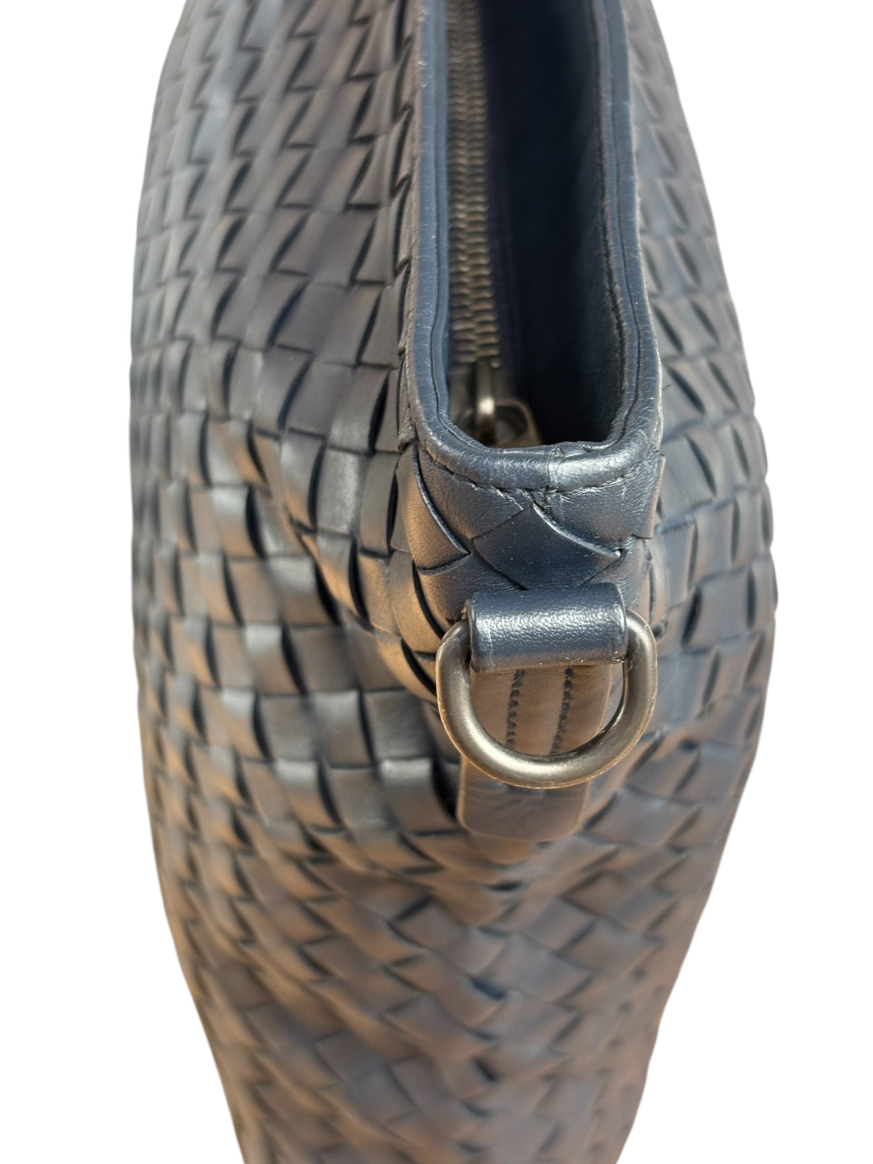 Bottega Veneta Navy Blue Leather Intrecciato Woven Flat Crossbody Bag