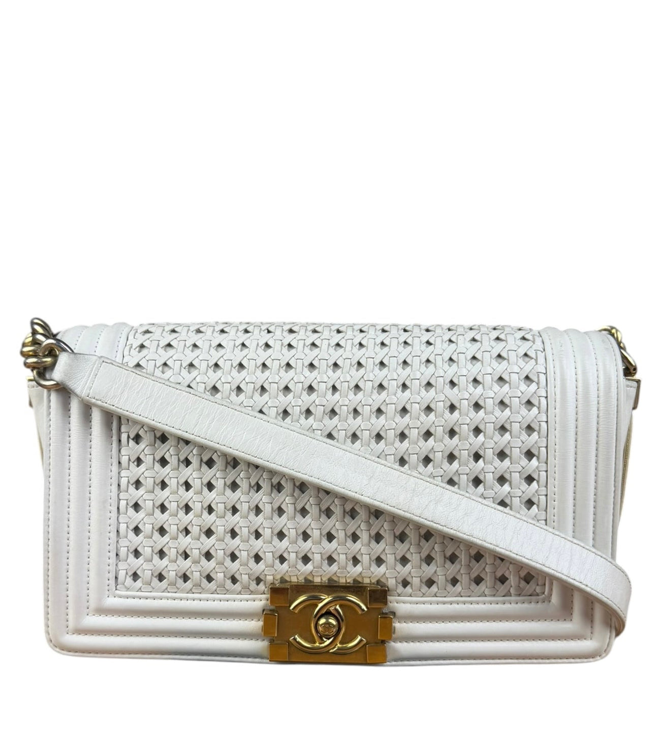 Chanel Vintage White Leather Braided Boy Shoulder Bag 1989