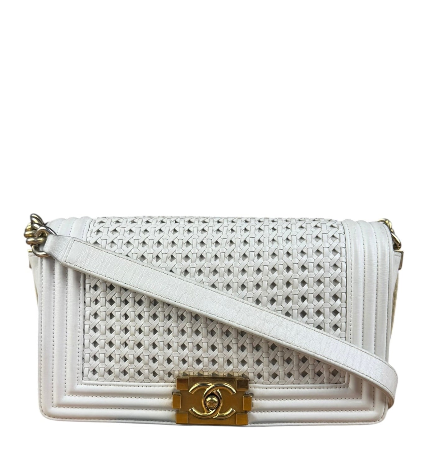 Chanel Vintage White Leather Braided Boy Shoulder Bag 1989