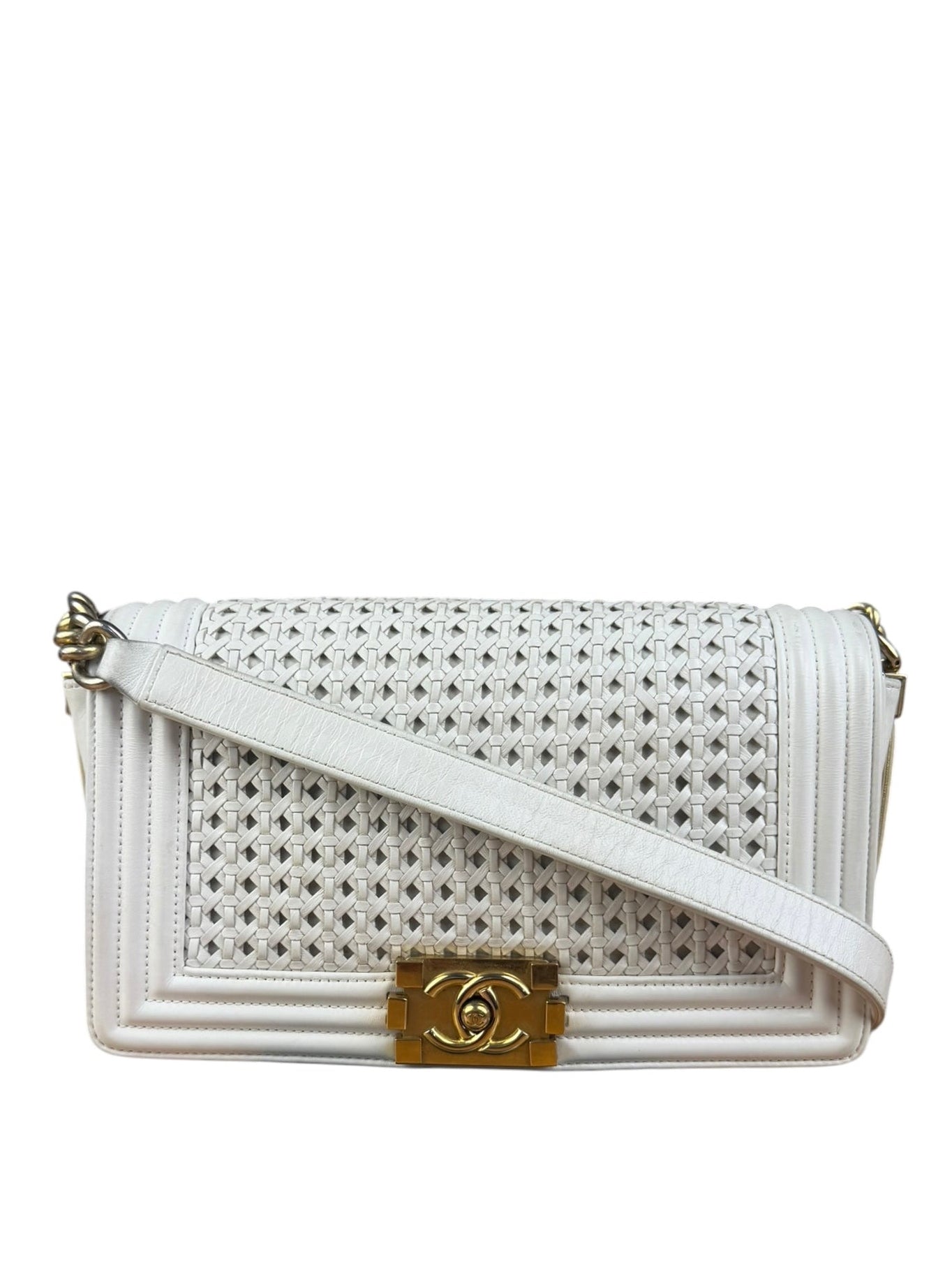 Chanel Vintage White Leather Braided Boy Shoulder Bag 1989
