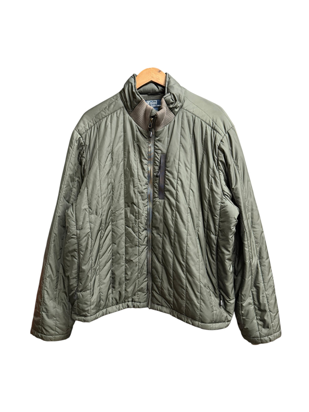 Vintage Ralph Lauren Olive Vertical Puffer Jacket (Collar Hoodie)
