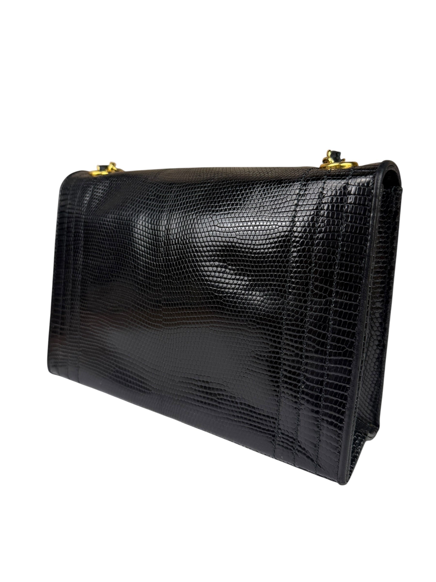 Chanel Black Lizard Leather Envelope Flap Bag 1986