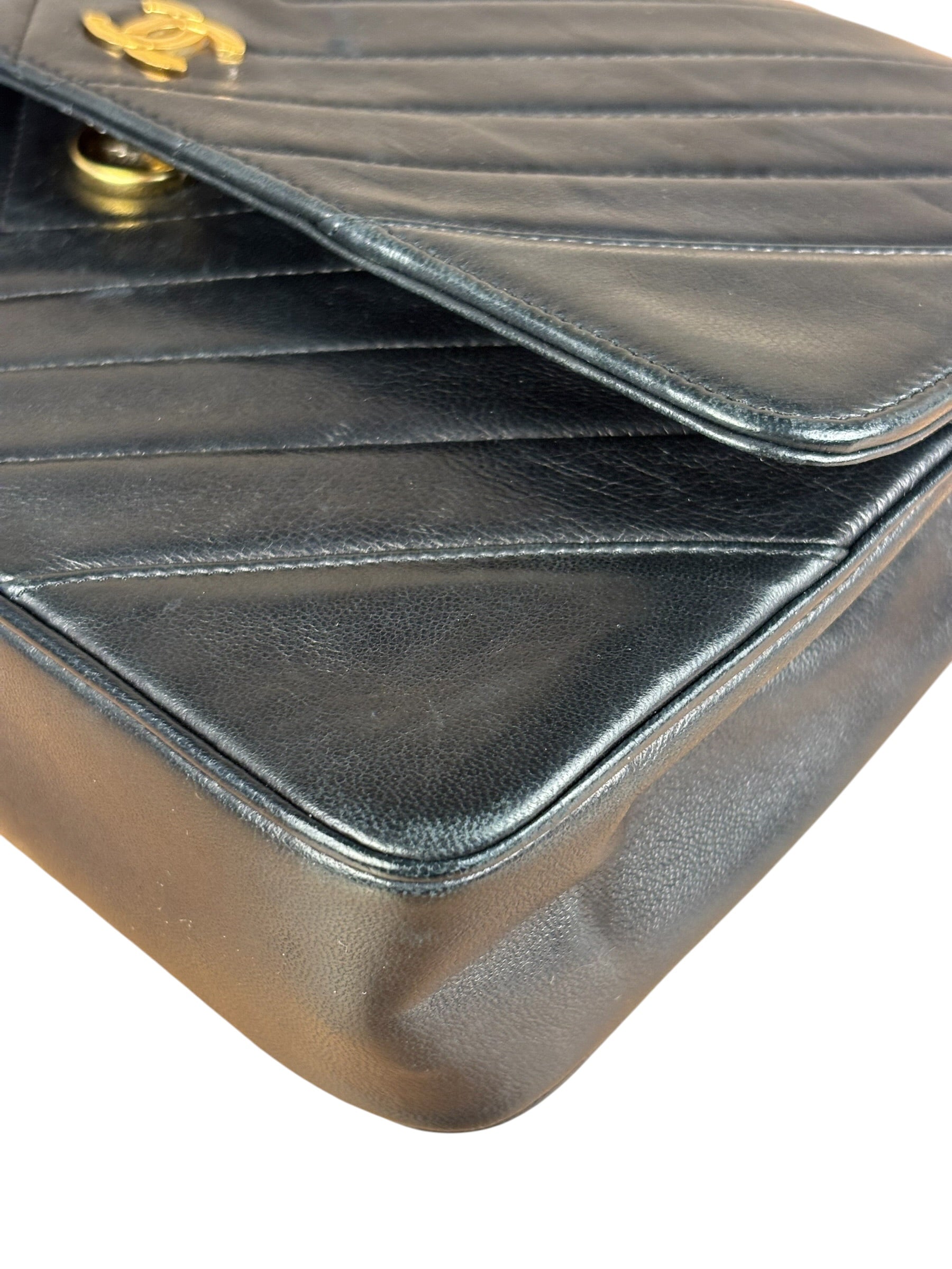Chanel Vintage Black Chevron Flap Shoulder Bag- Late 1990's