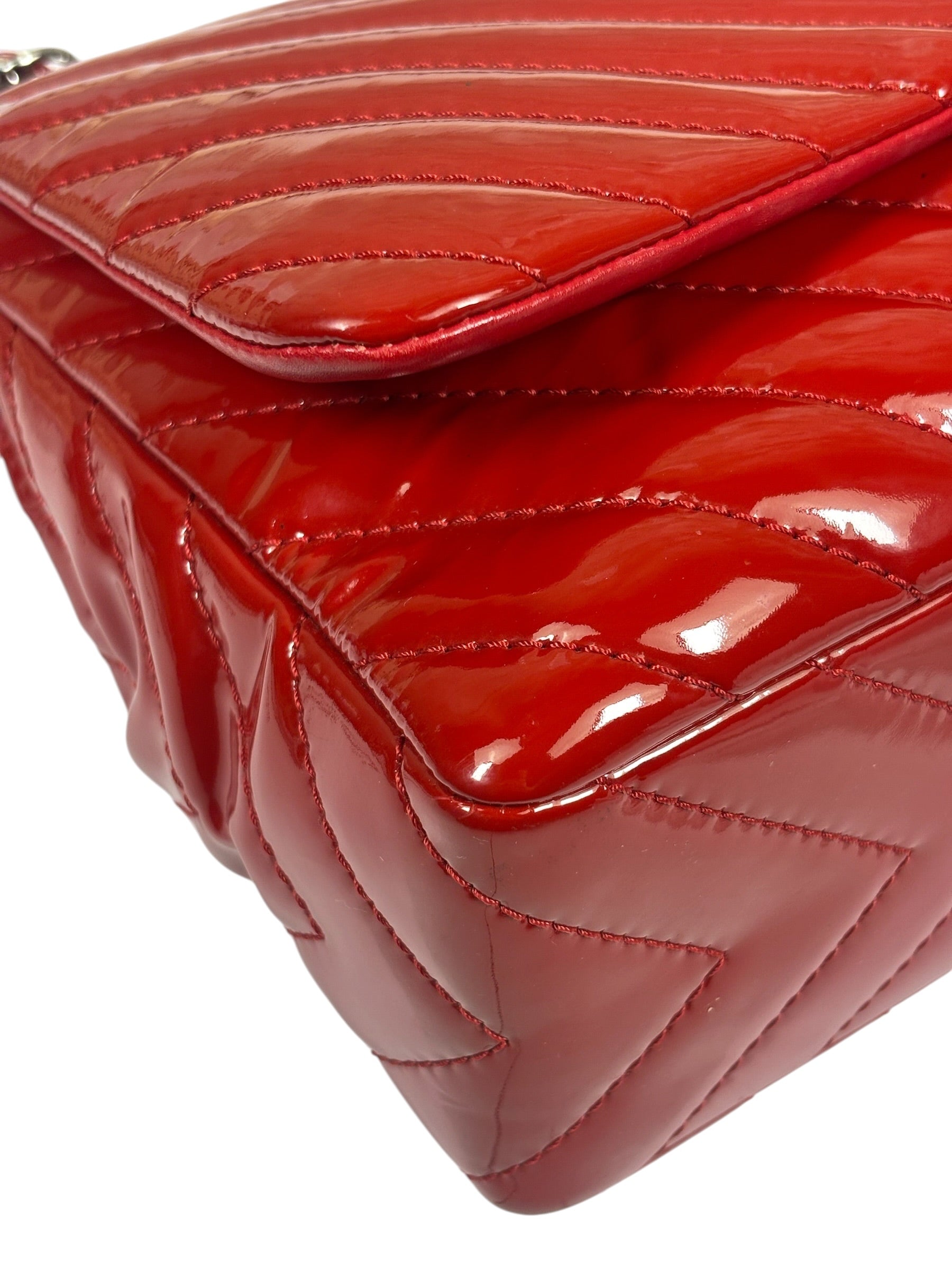 Chanel Red Patent Leather Chevron Jumbo Flap Bag 2009
