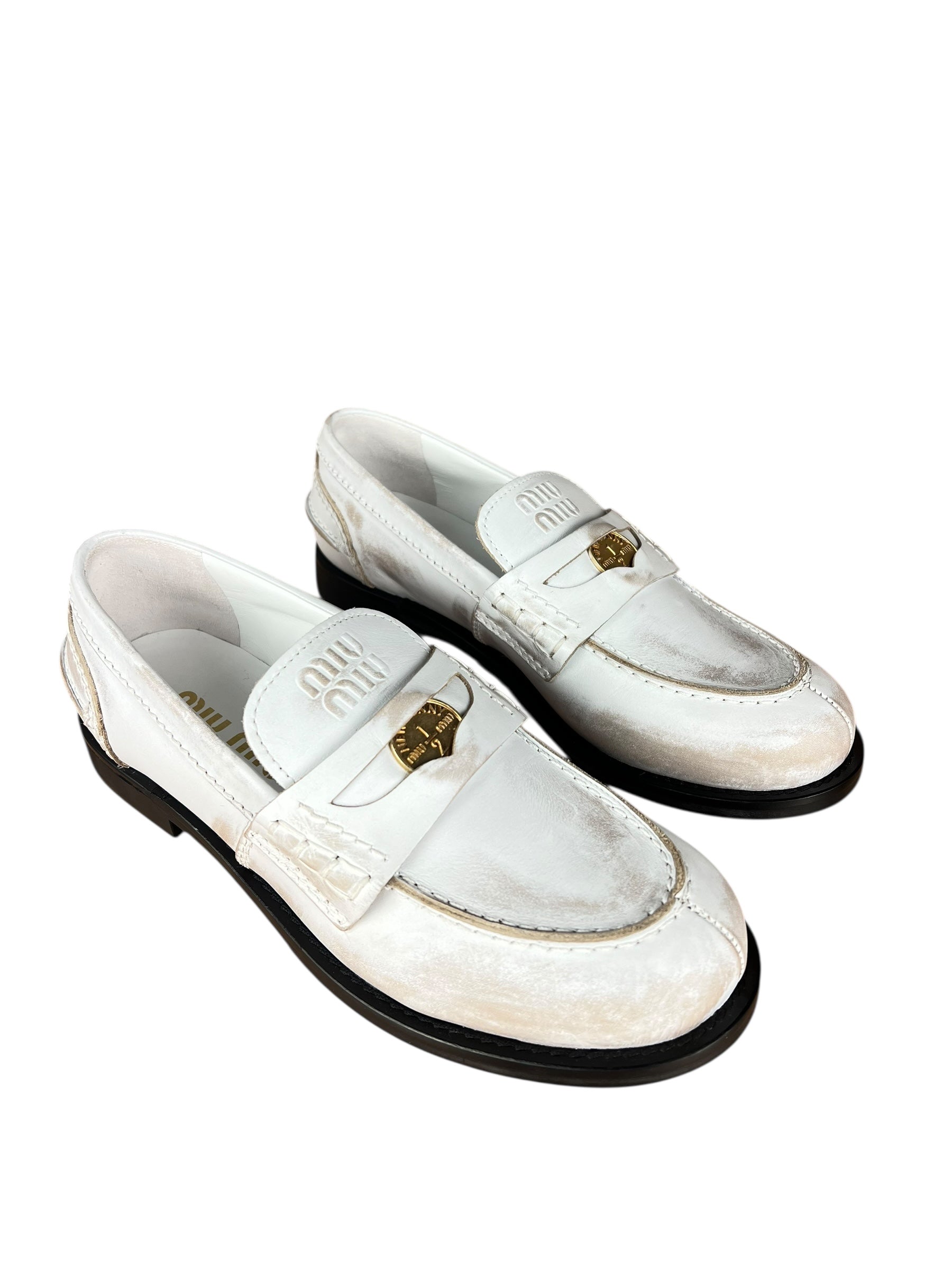 Miu Miu White Distressed Leather Penny Loafers