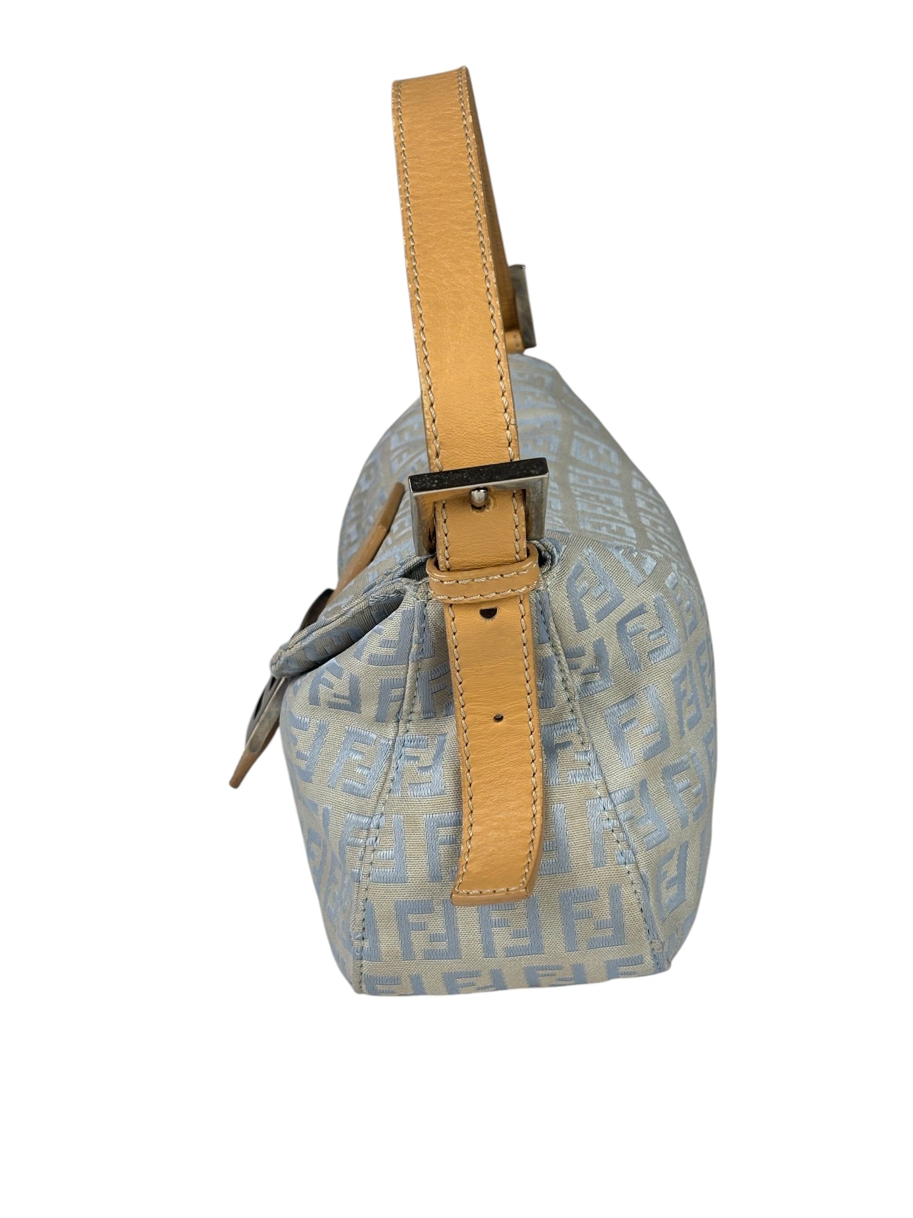 Fendi Leather Light Blue Trim Zucca Baguette