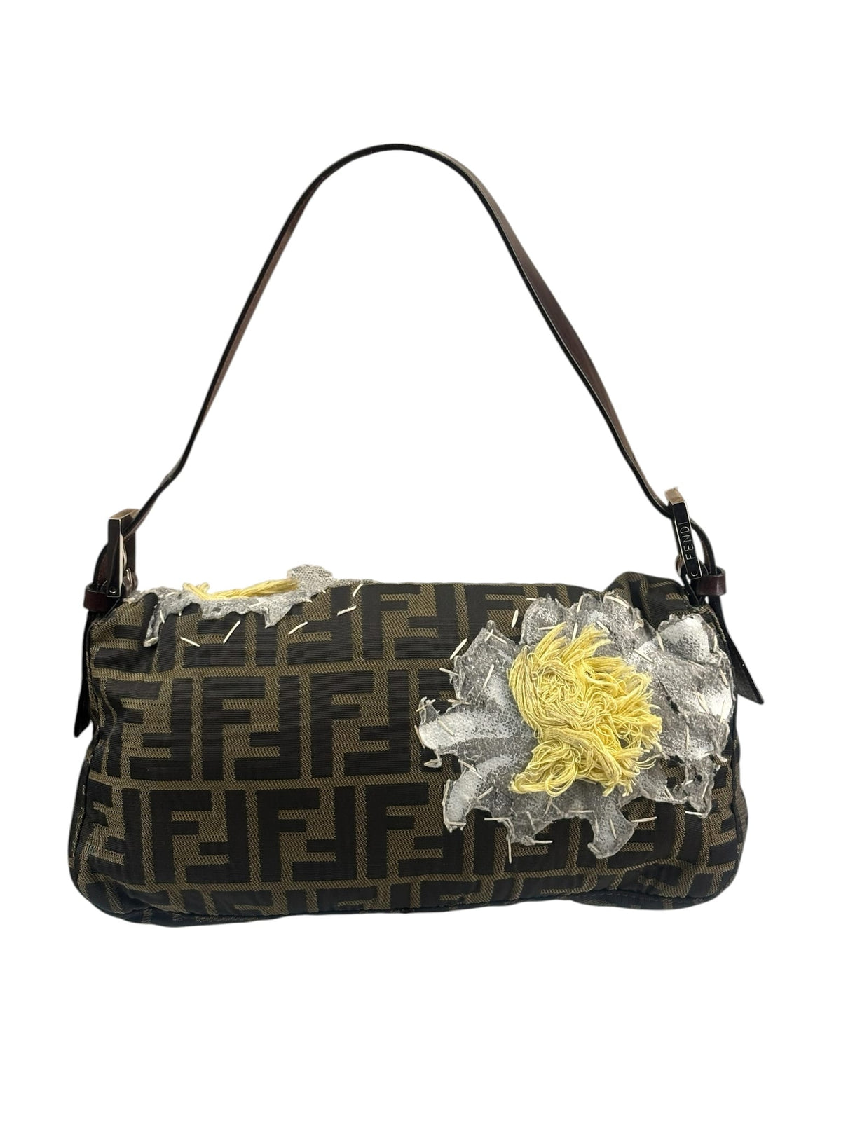 Fendi Brown Leather Trim Zucca Floral Embroidered Baguette