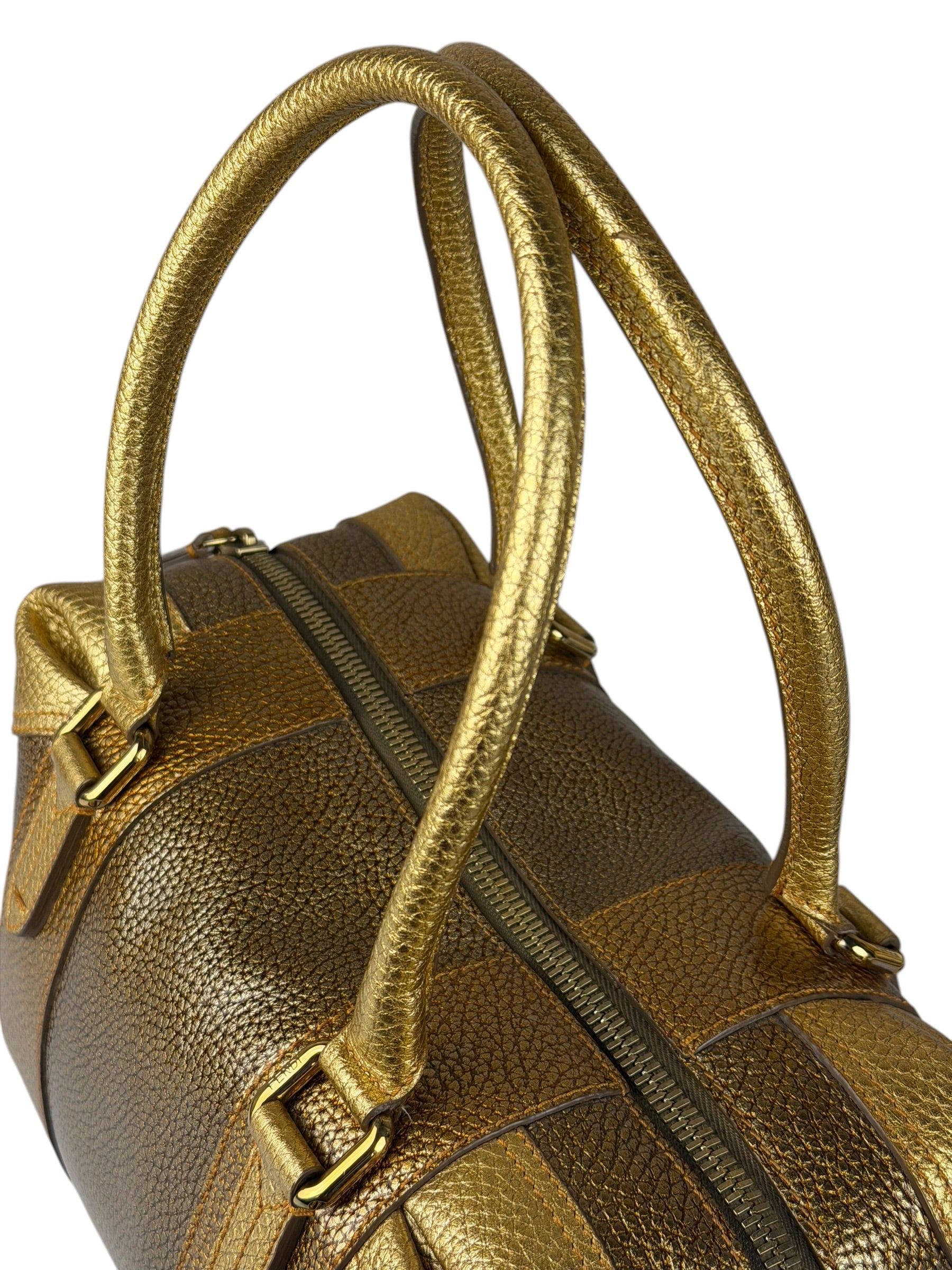 Fendi Metalic Gold Patent Pebbled Leather Media Boston Bag