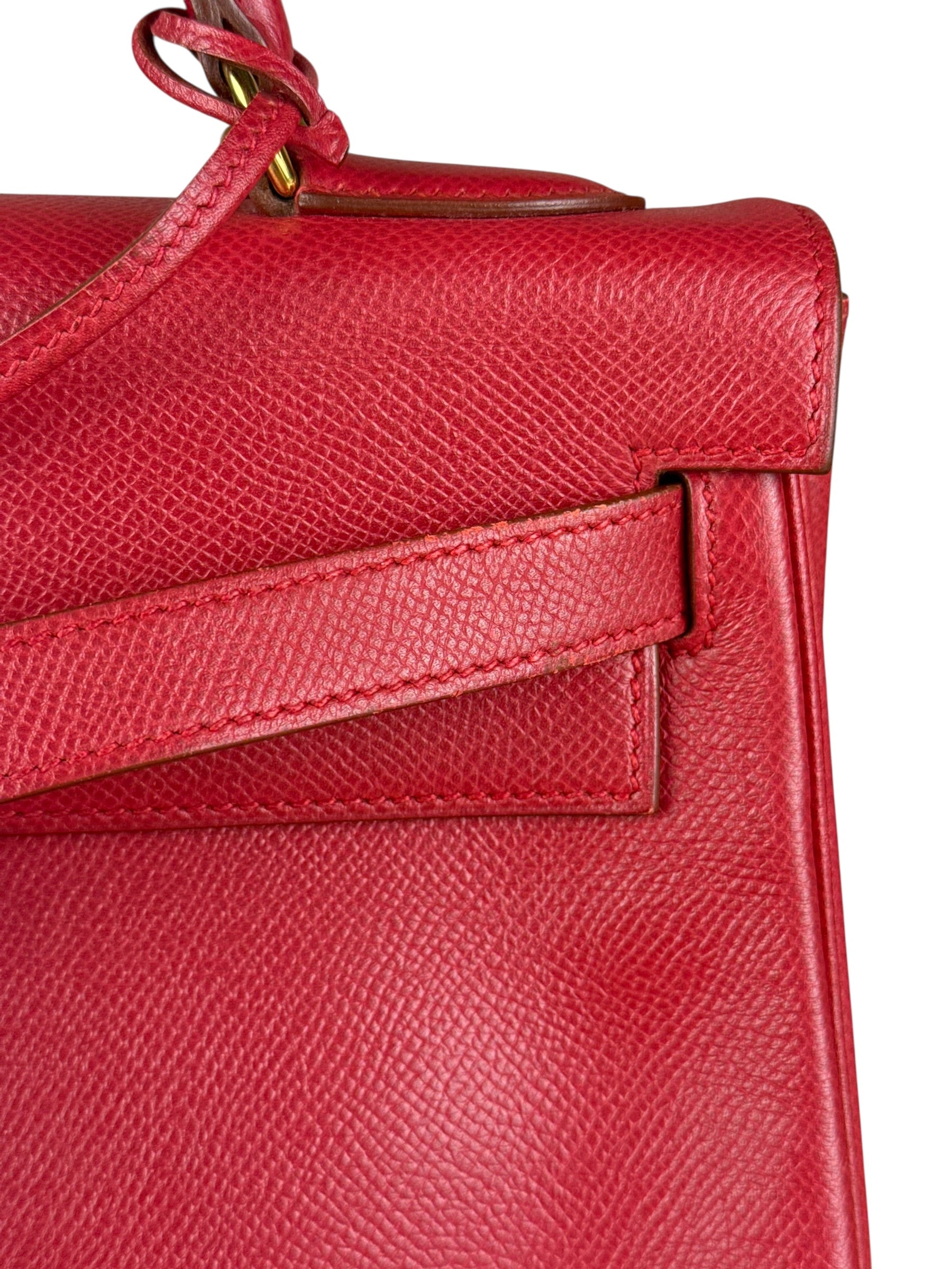 Hermes Kelly 32 Courchevel Rouge Vif Gold Handbag 1997