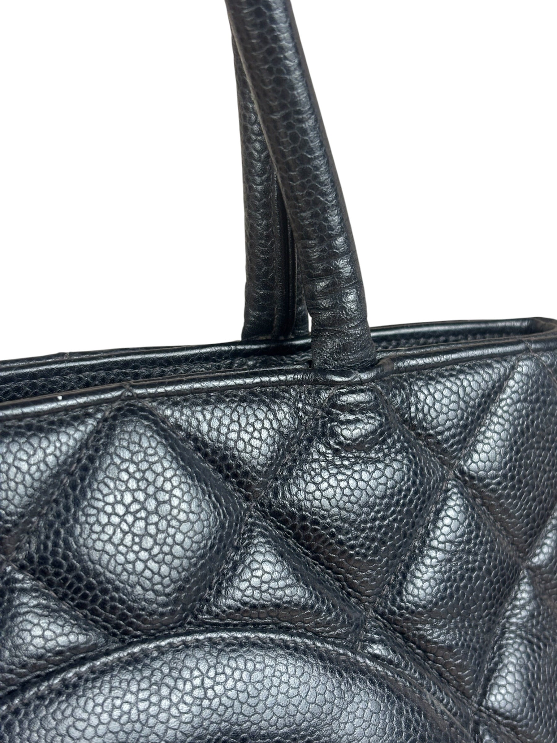 Chanel Vintage CC Black Quilted Caviar Leather Medallion Tote Bag 2002