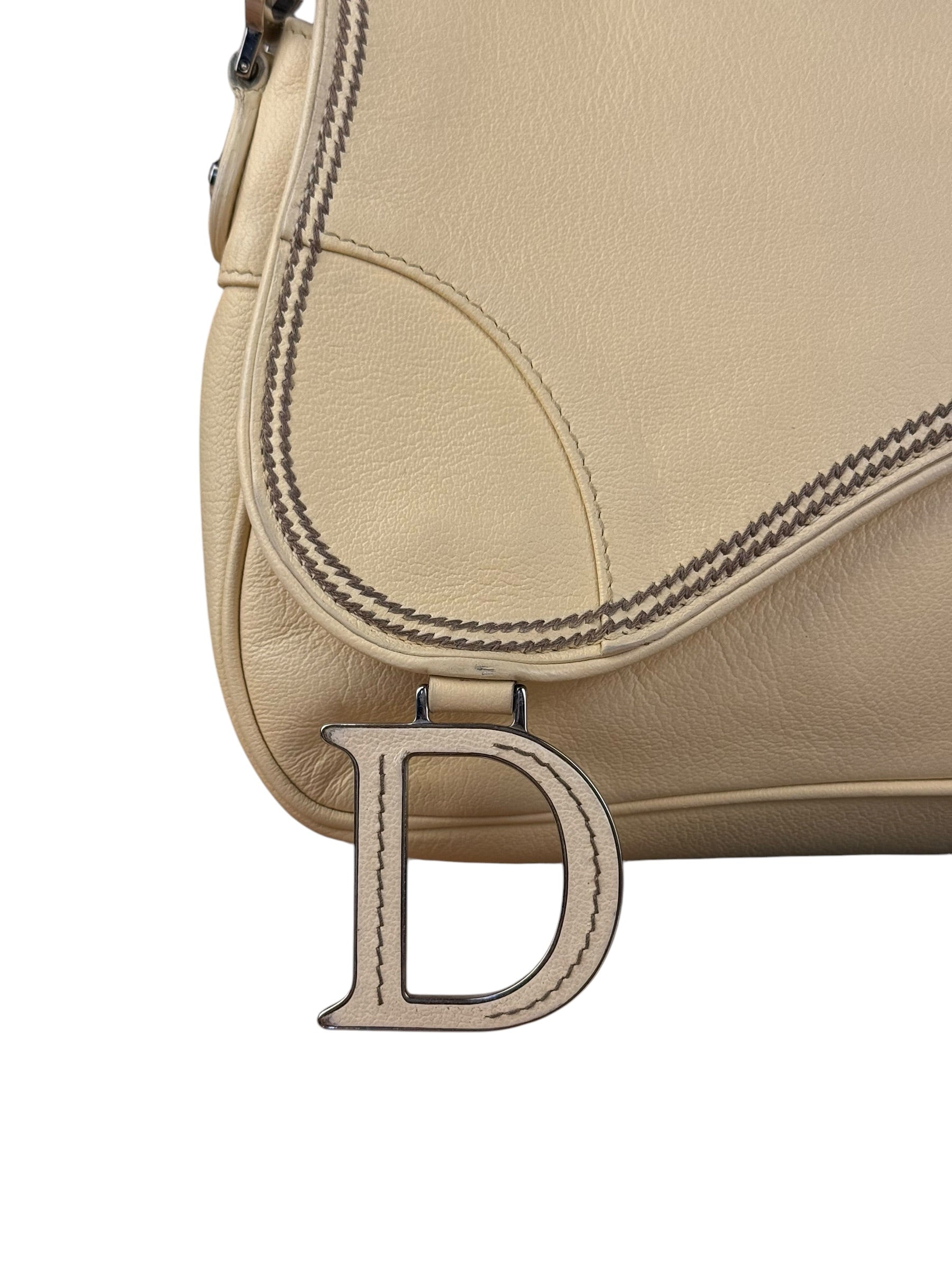 Christian Dior Vintage Beige Leather Stitch Saddlebag