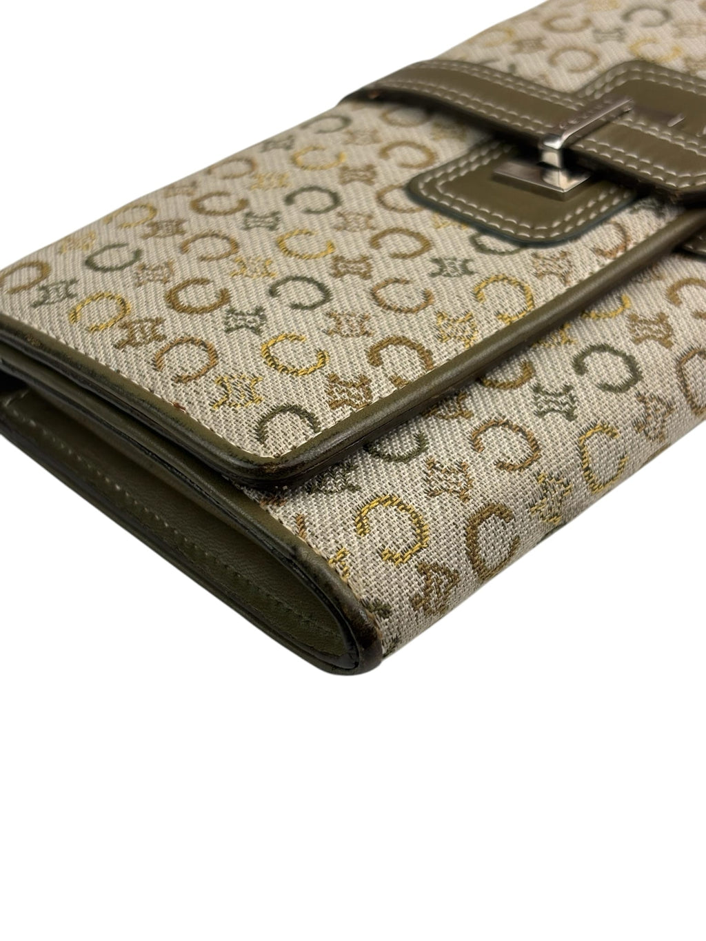 Celine Green/Beige Leather Trim Macadam Flap Wallet