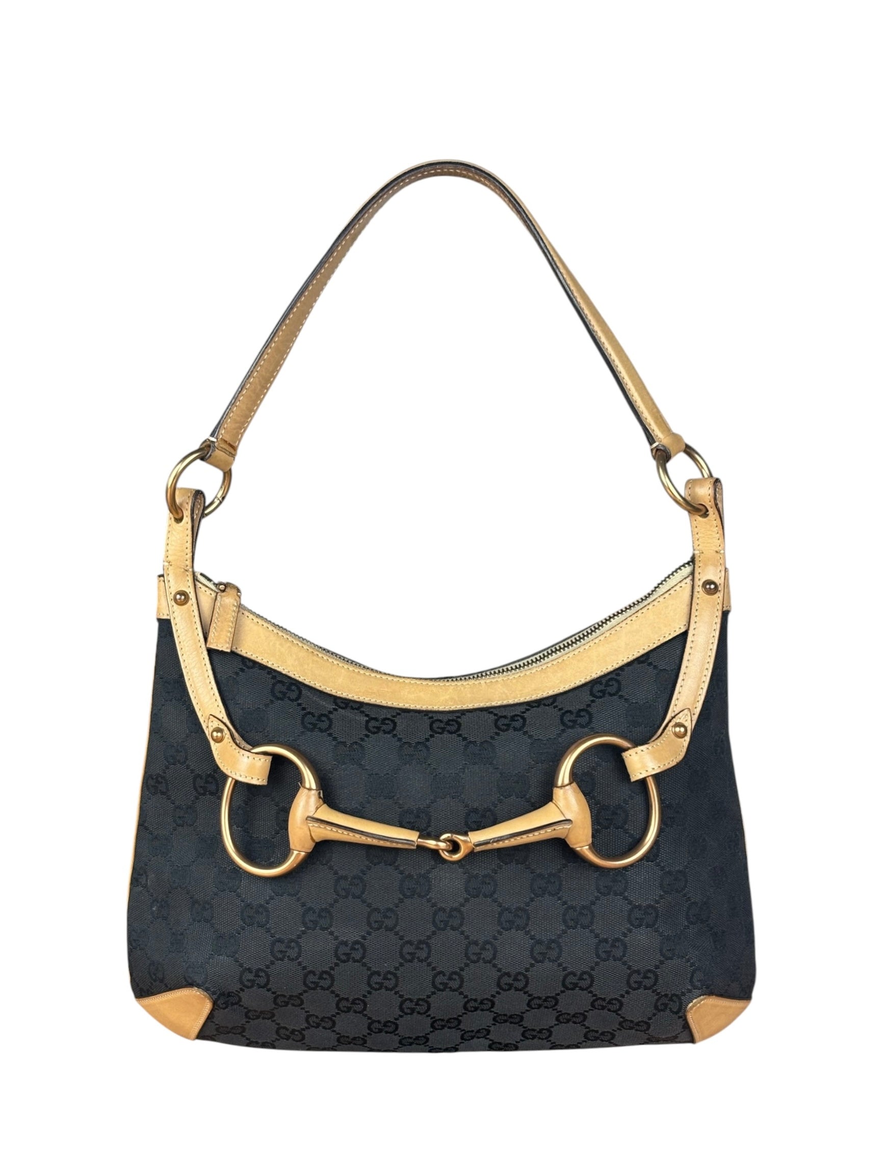 Gucci Vintage Black GG Horsebit Shoulder Bag