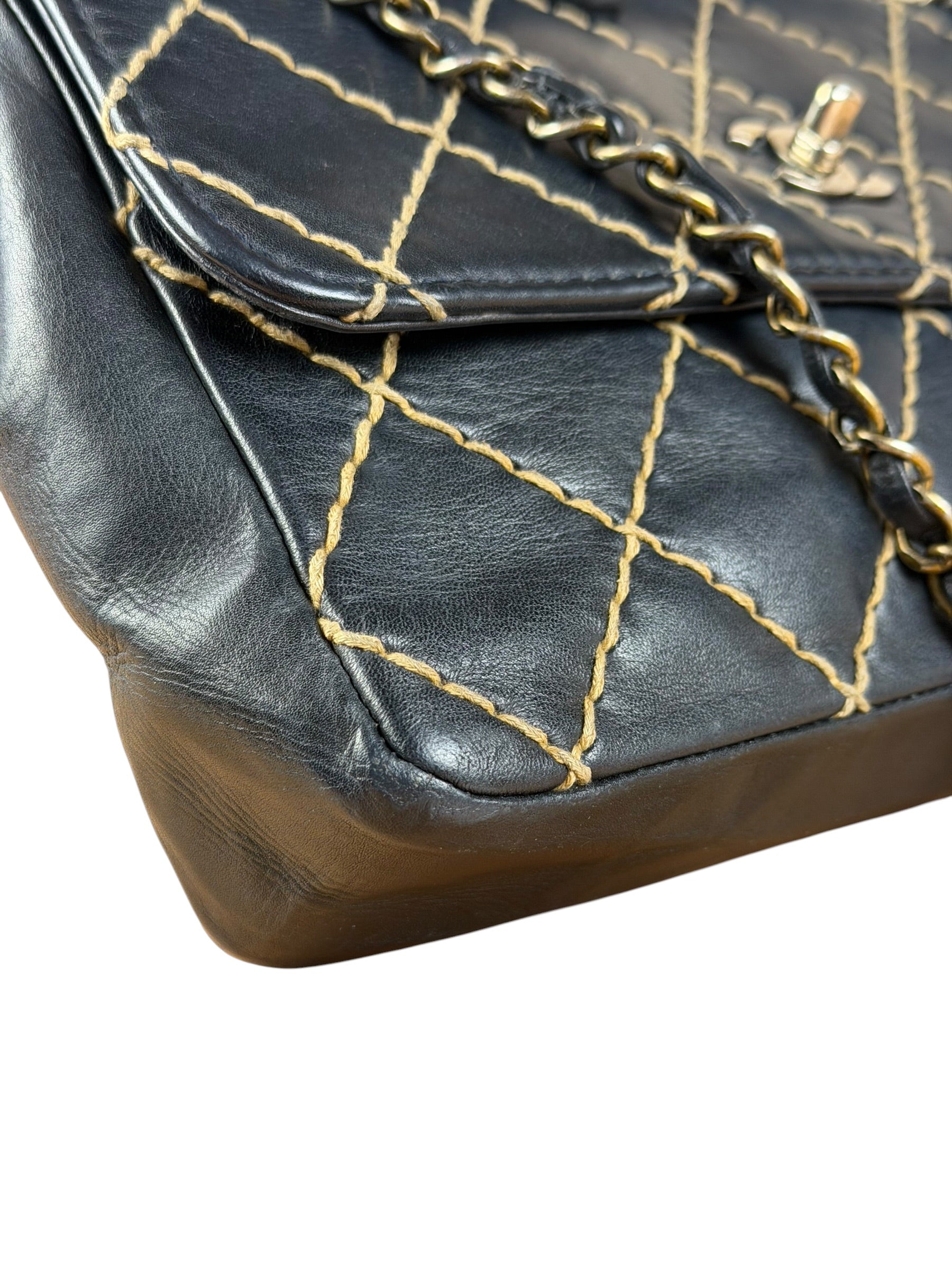 Chanel Vintage Navy Blue Leather Wild Stitch Surpique Flap Bag 2001