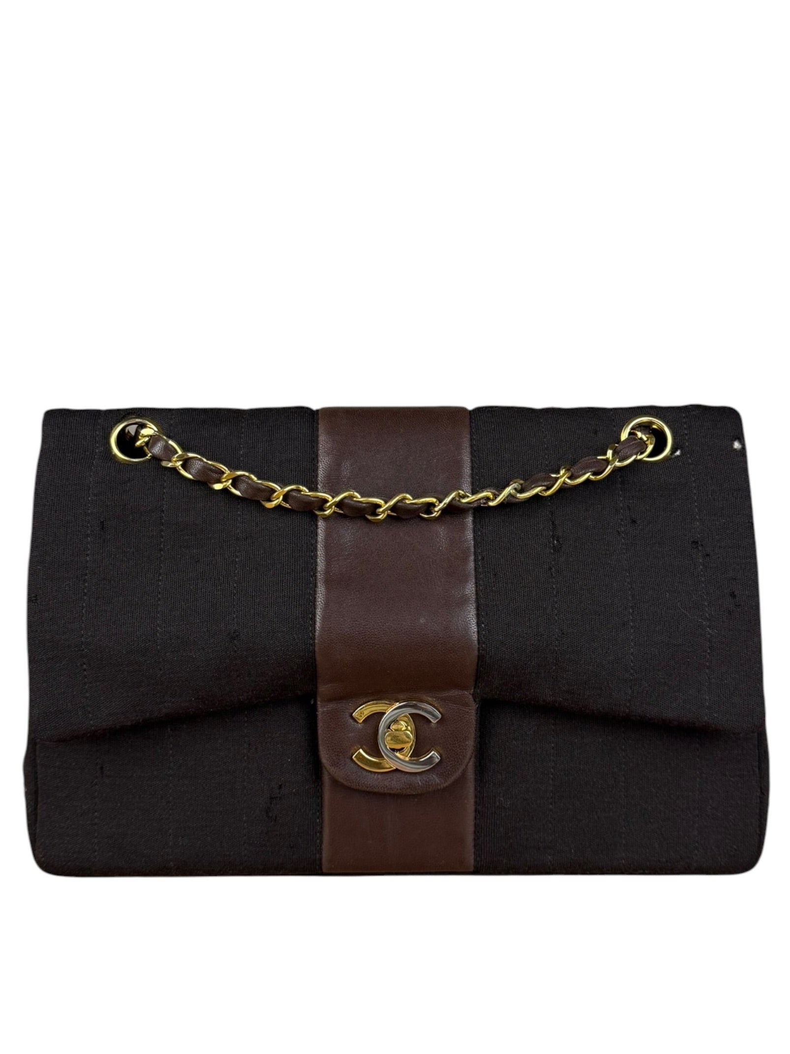 Chanel Brown Vertical Stitch Two-Toned CC Double Flap Bag 90s
