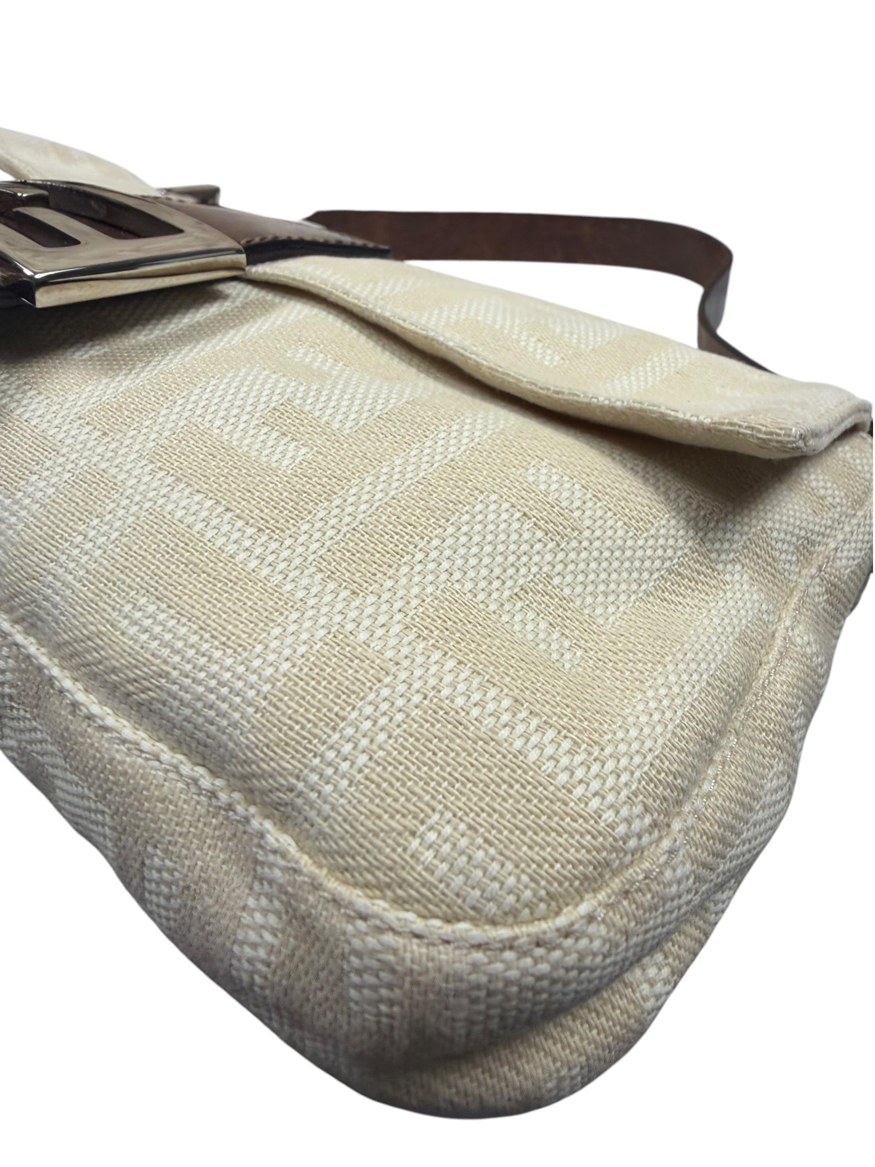 Fendi Cream/Brown Leather Trim Zucca Baguette