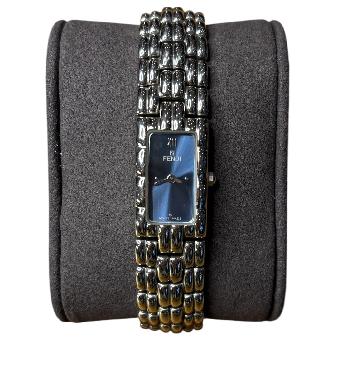 Fendi Navy Blue Rectangular Silver Link Dial