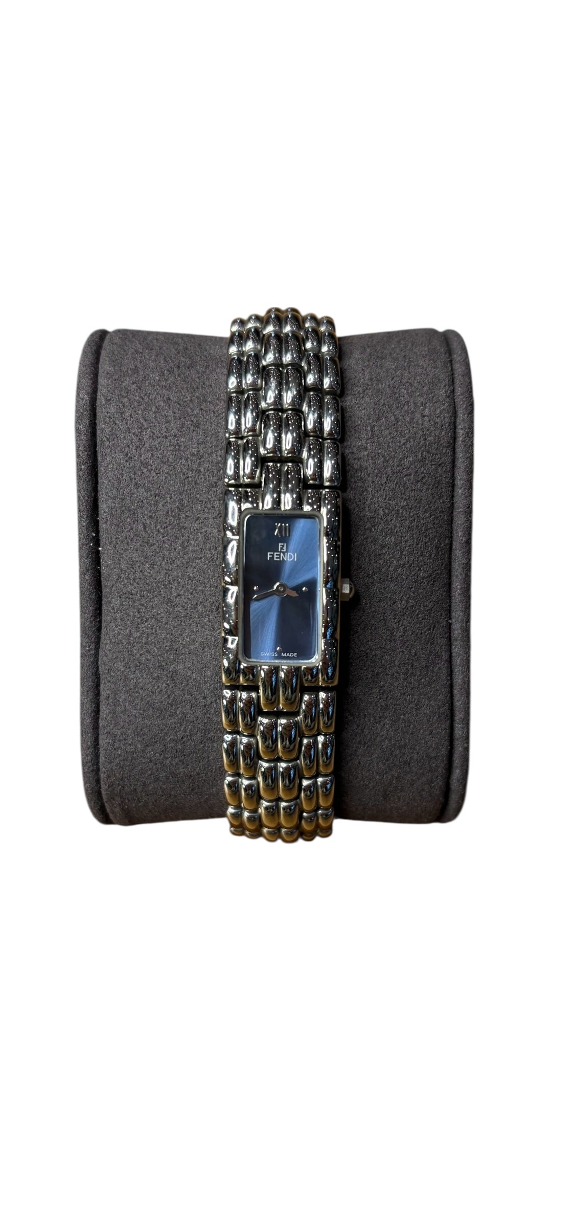 Fendi Navy Blue Rectangular Silver Link Dial