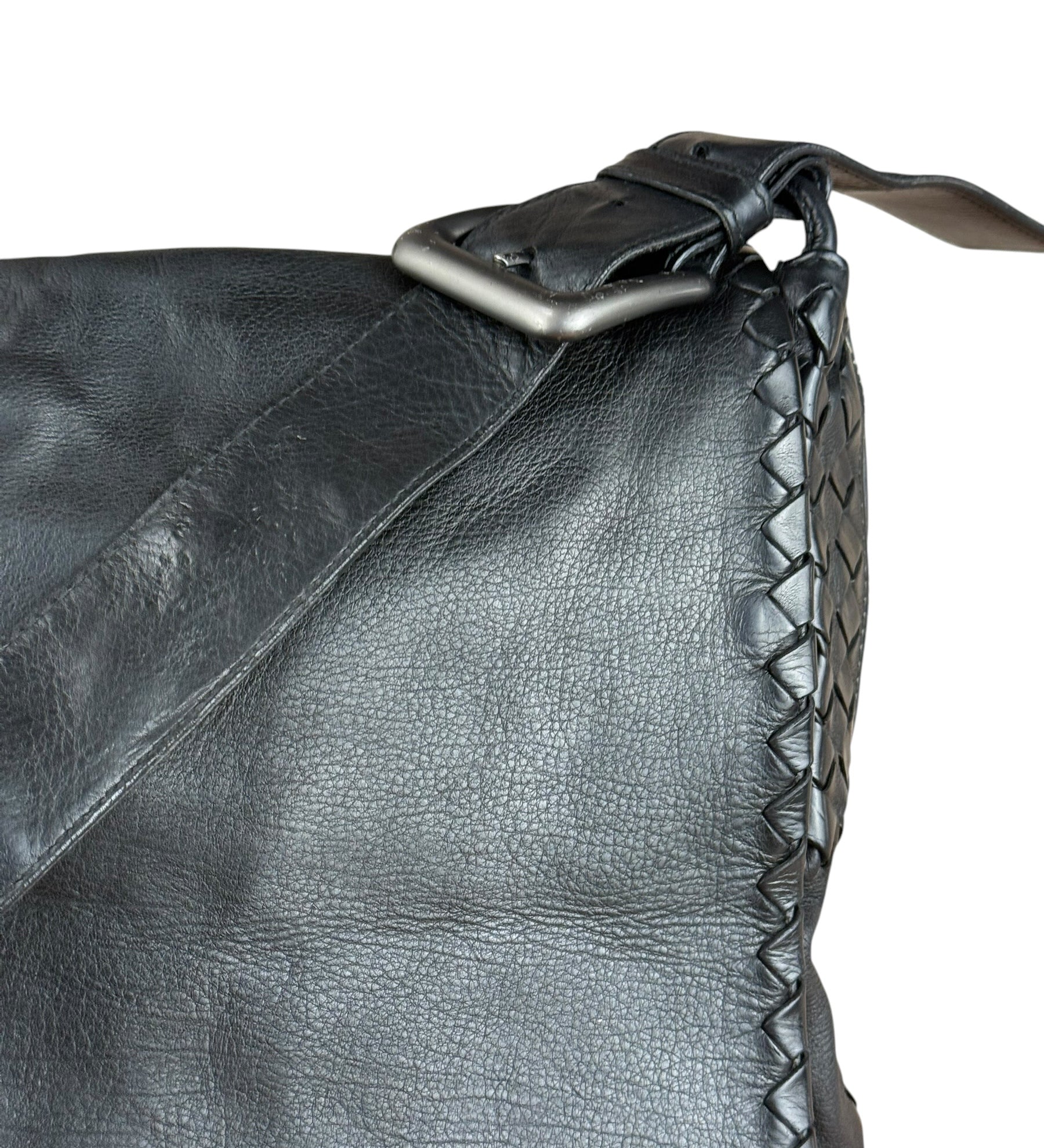 Bottega Veneta Black Intrecciato Leather Flap Messenger Bag