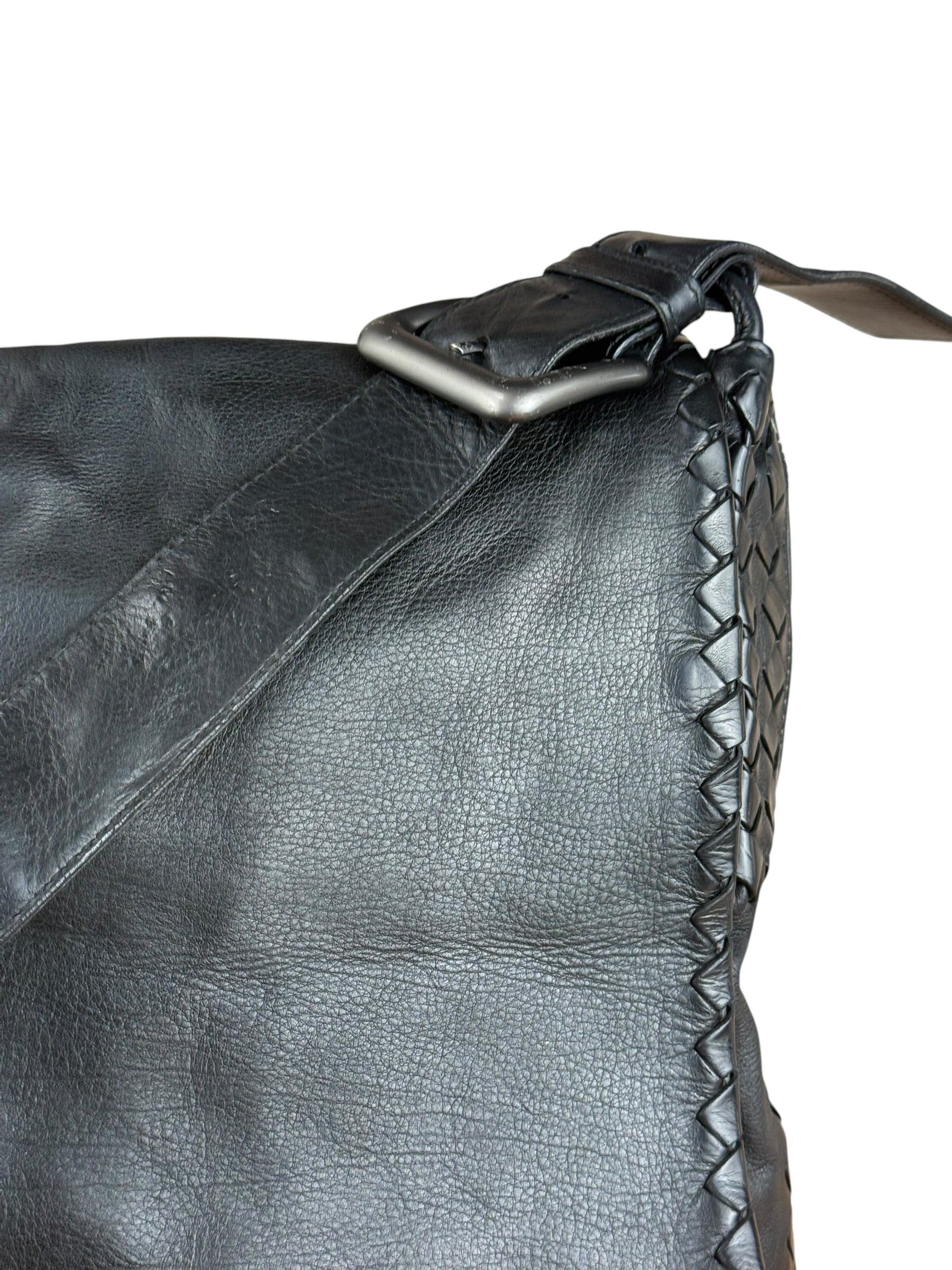 Bottega Veneta Black Intrecciato Leather Flap Messenger Bag