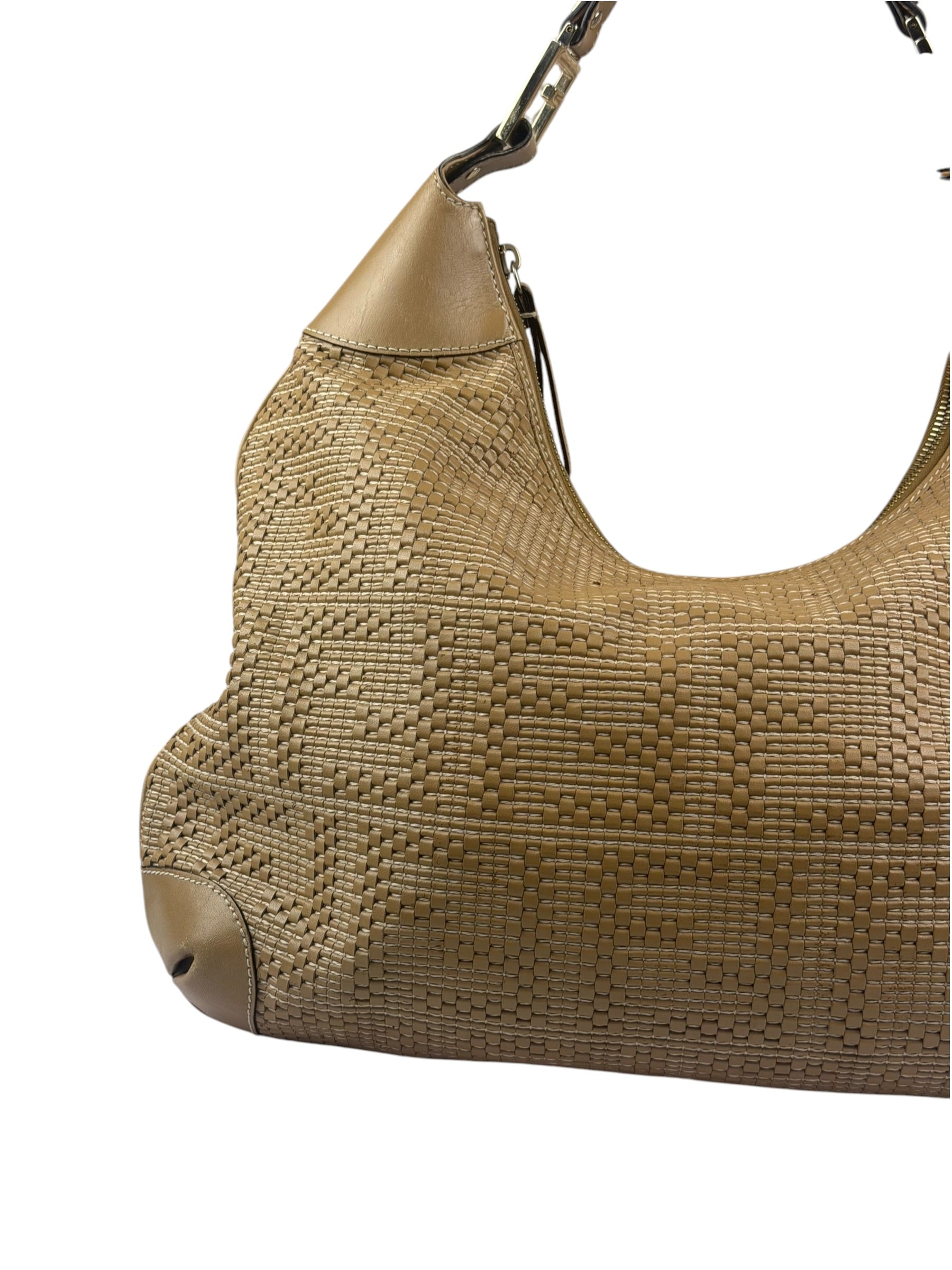 Fendi Beige Leather Trim Woven Hobo Bag