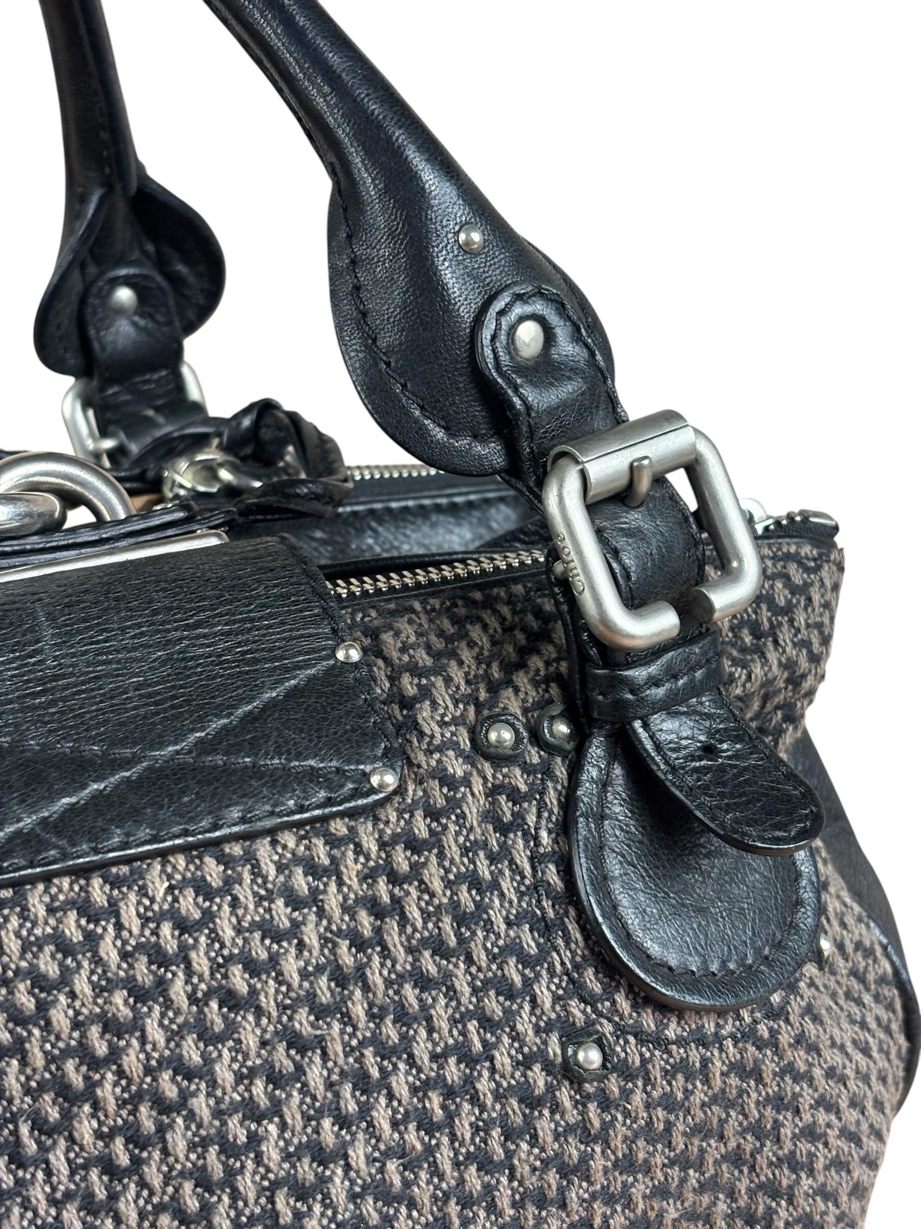 Chloe Black Tweed Leather Paddington Shoulder Bag