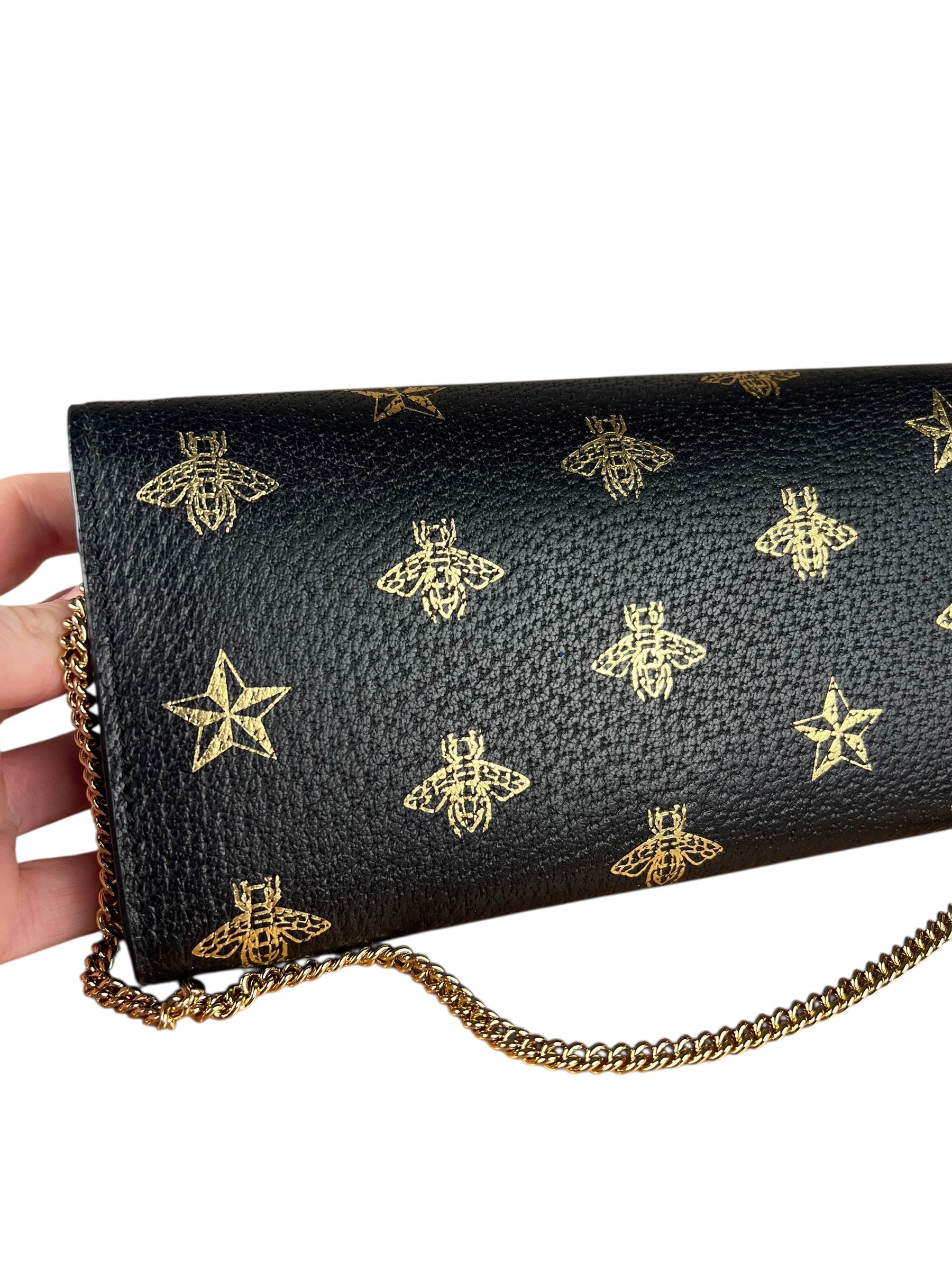 Gucci Leather Bees Padlock Continental Wallet On Chain Black